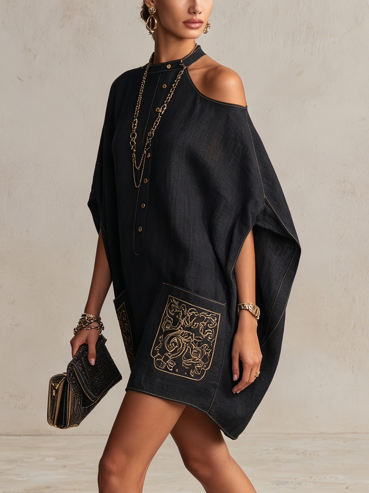 Black One-Shoulder Embroidered Button-Front Linen Mini Dress