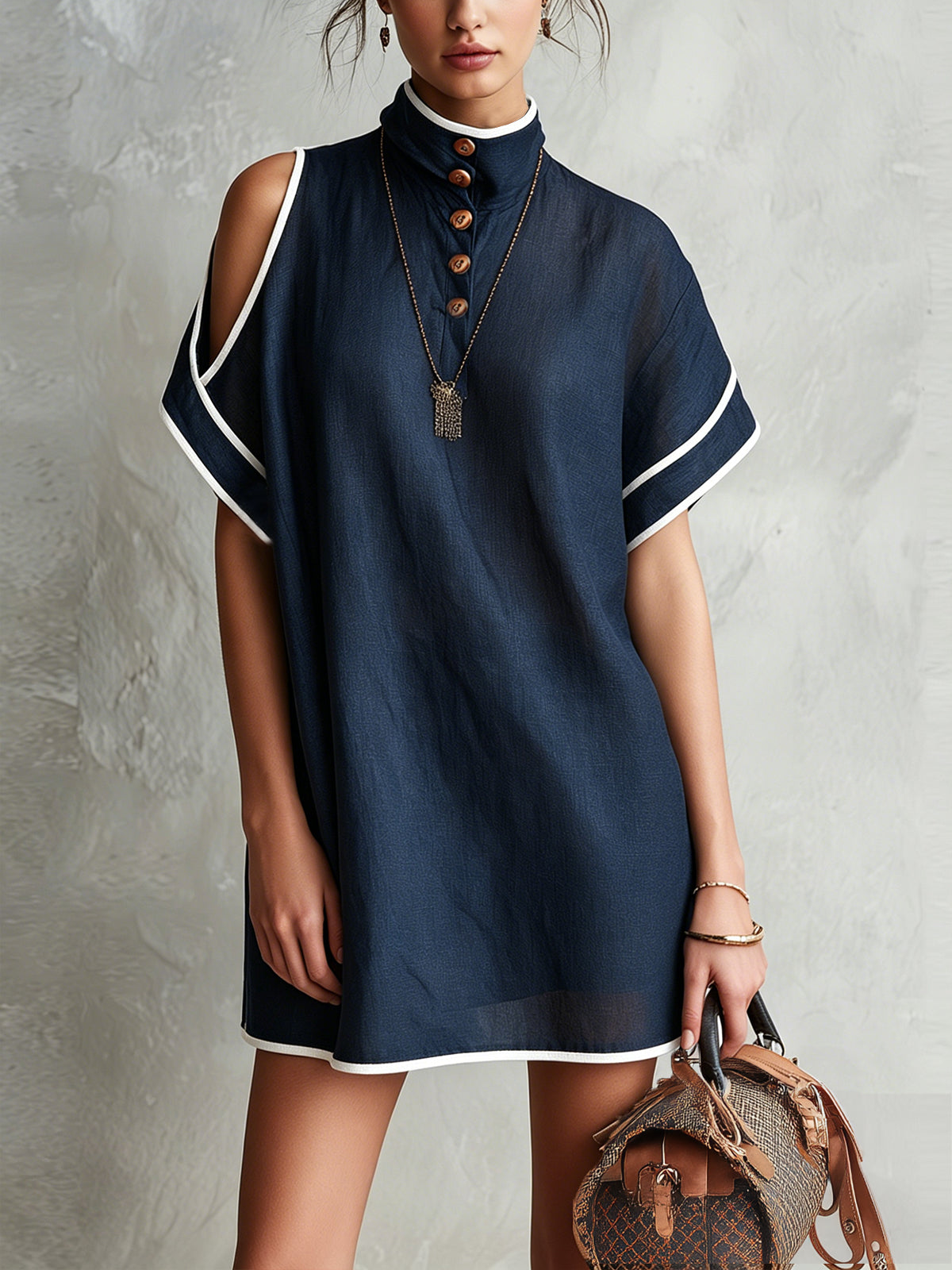 Navy High-Neck Button-Detail Cold-Shoulder Mini Dress
