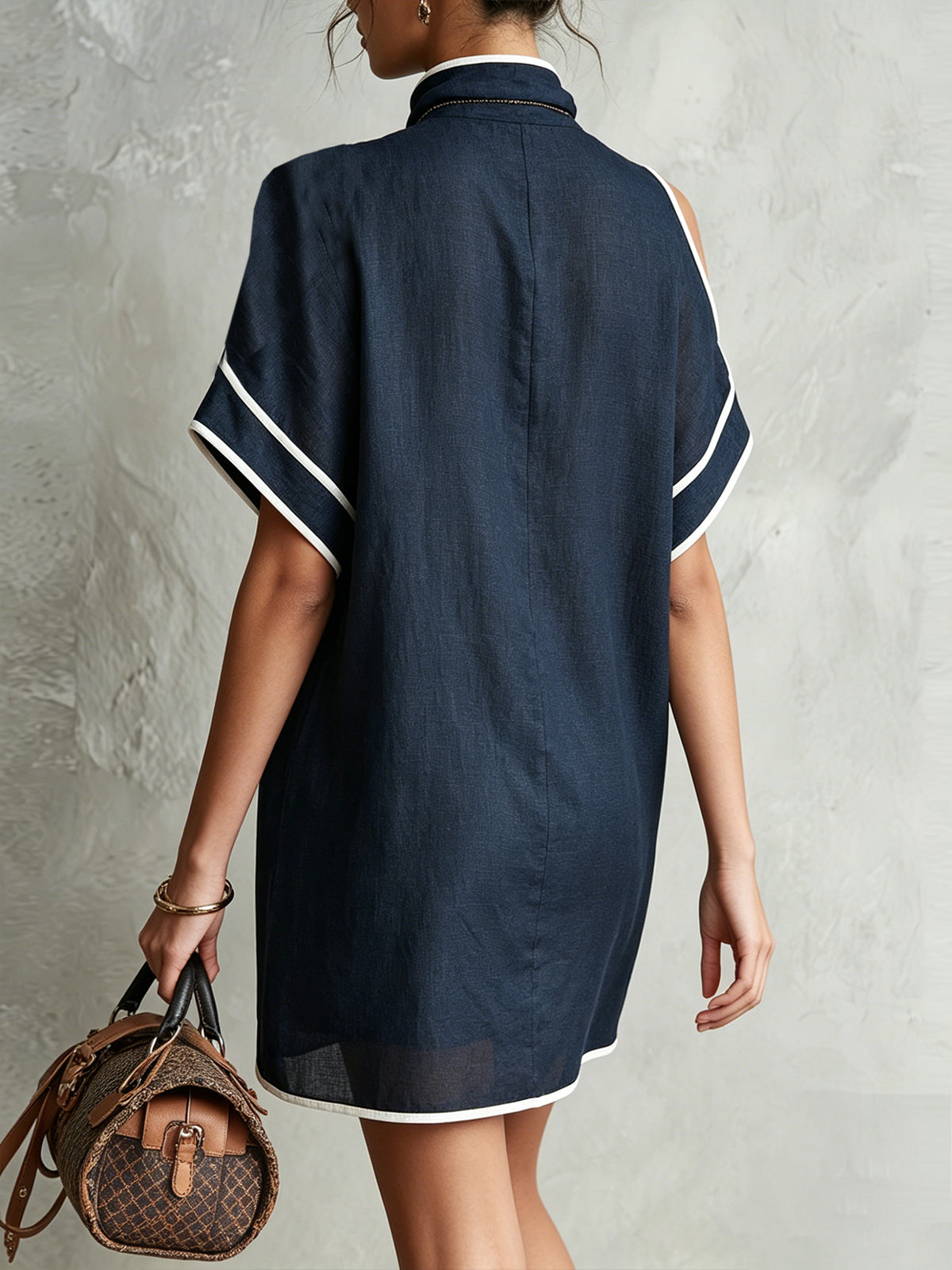 Navy High-Neck Button-Detail Cold-Shoulder Mini Dress
