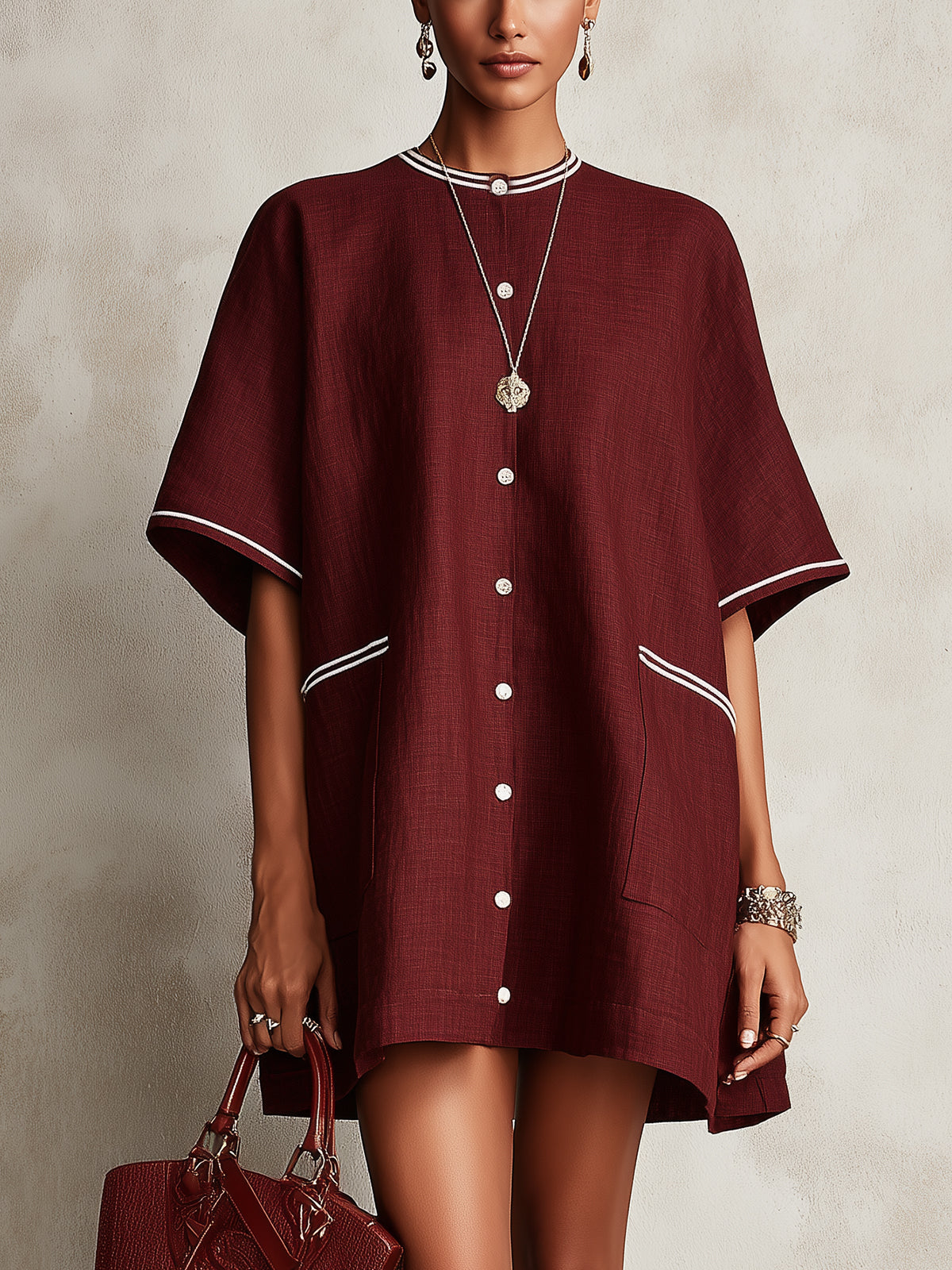 Burgundy Contrast Trim Button-Down Linen Mini Dress