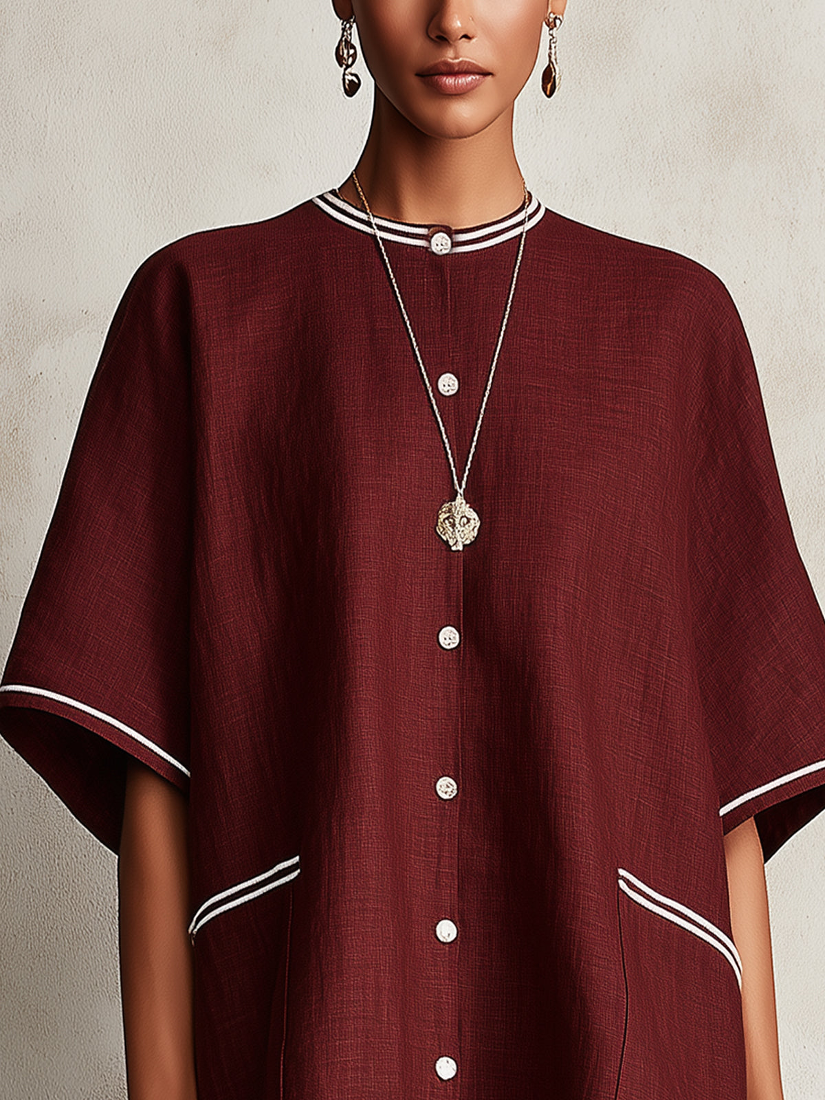 Burgundy Contrast Trim Button-Down Linen Mini Dress