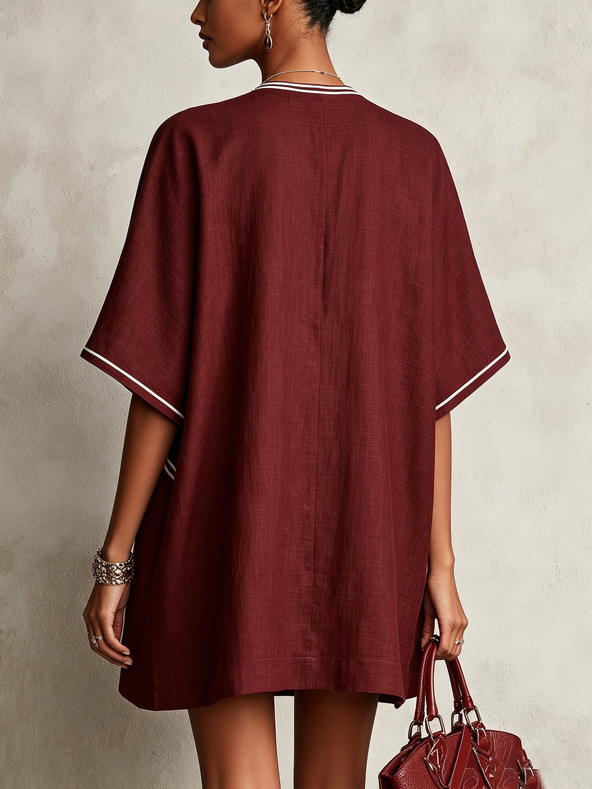 Burgundy Contrast Trim Button-Down Linen Mini Dress