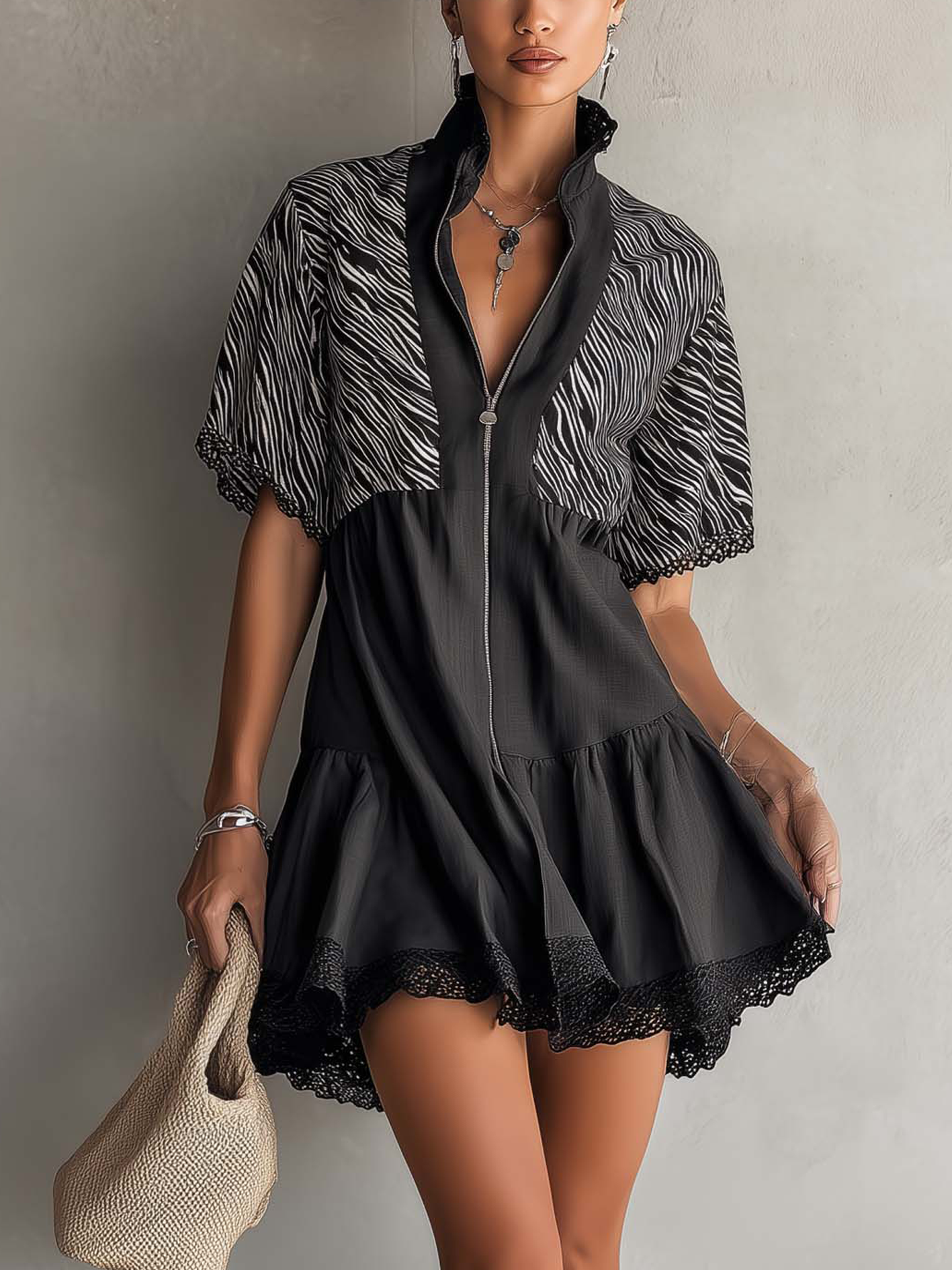Zebra Print Lace Trim Zip Front Black Mini Dress