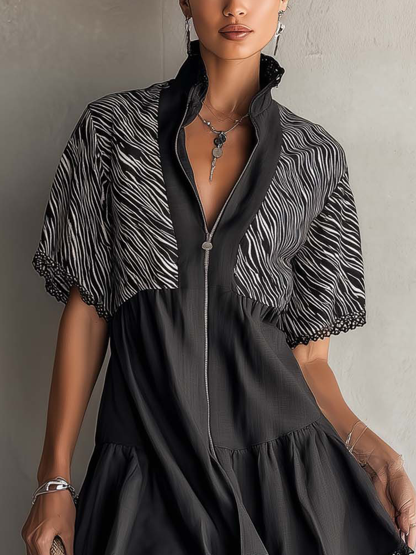 Zebra Print Lace Trim Zip Front Black Mini Dress