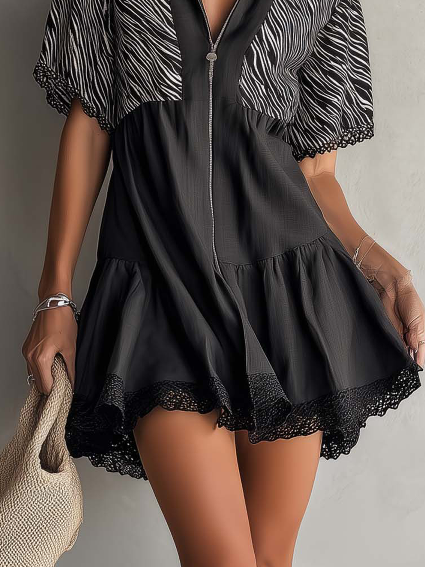 Zebra Print Lace Trim Zip Front Black Mini Dress