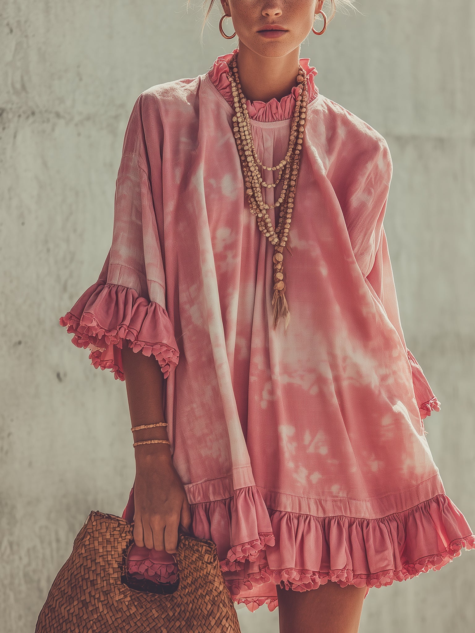 Pink Tie Dye Cotton Linen Mini Dress