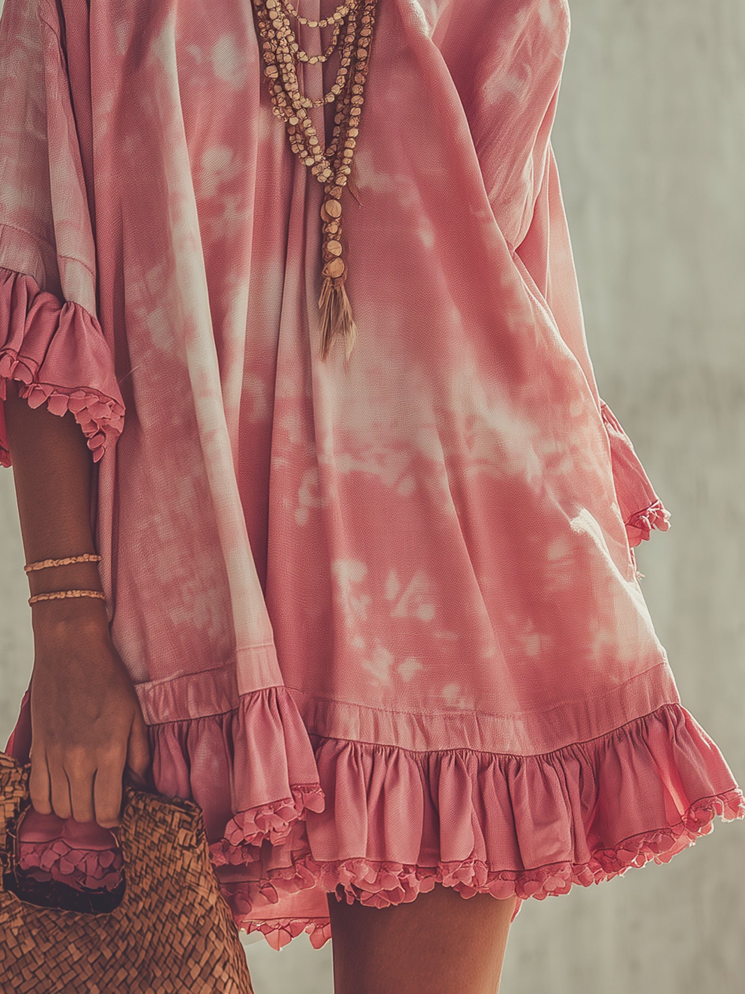 Pink Tie Dye Cotton Linen Mini Dress