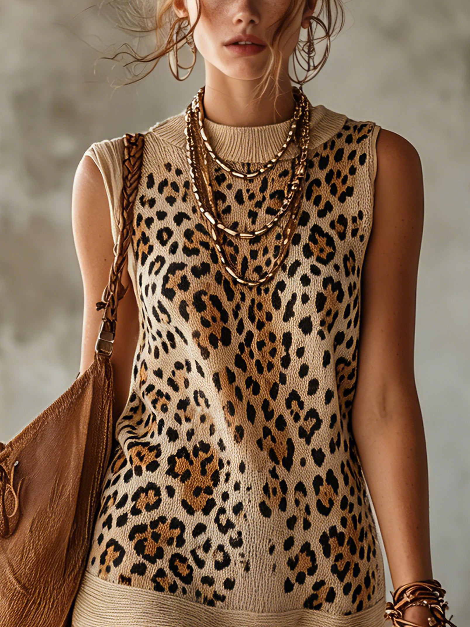 Leopard Print Sleeveless Knit Mini Dress
