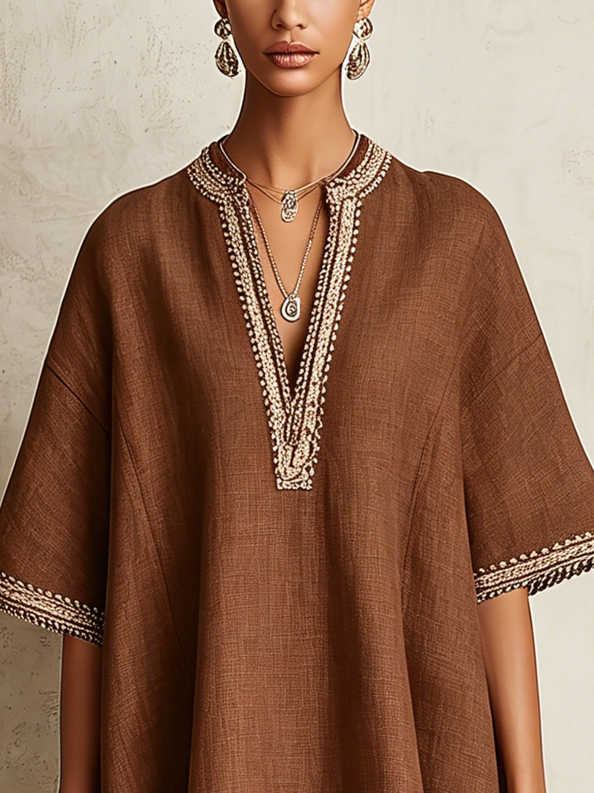 Brown Linen V-Neck Mini Dress
