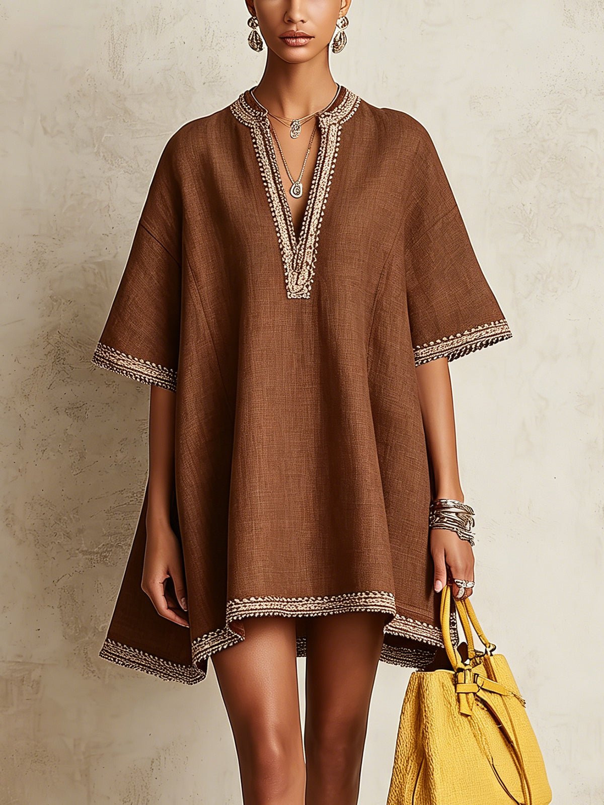 Brown Linen V-Neck Mini Dress