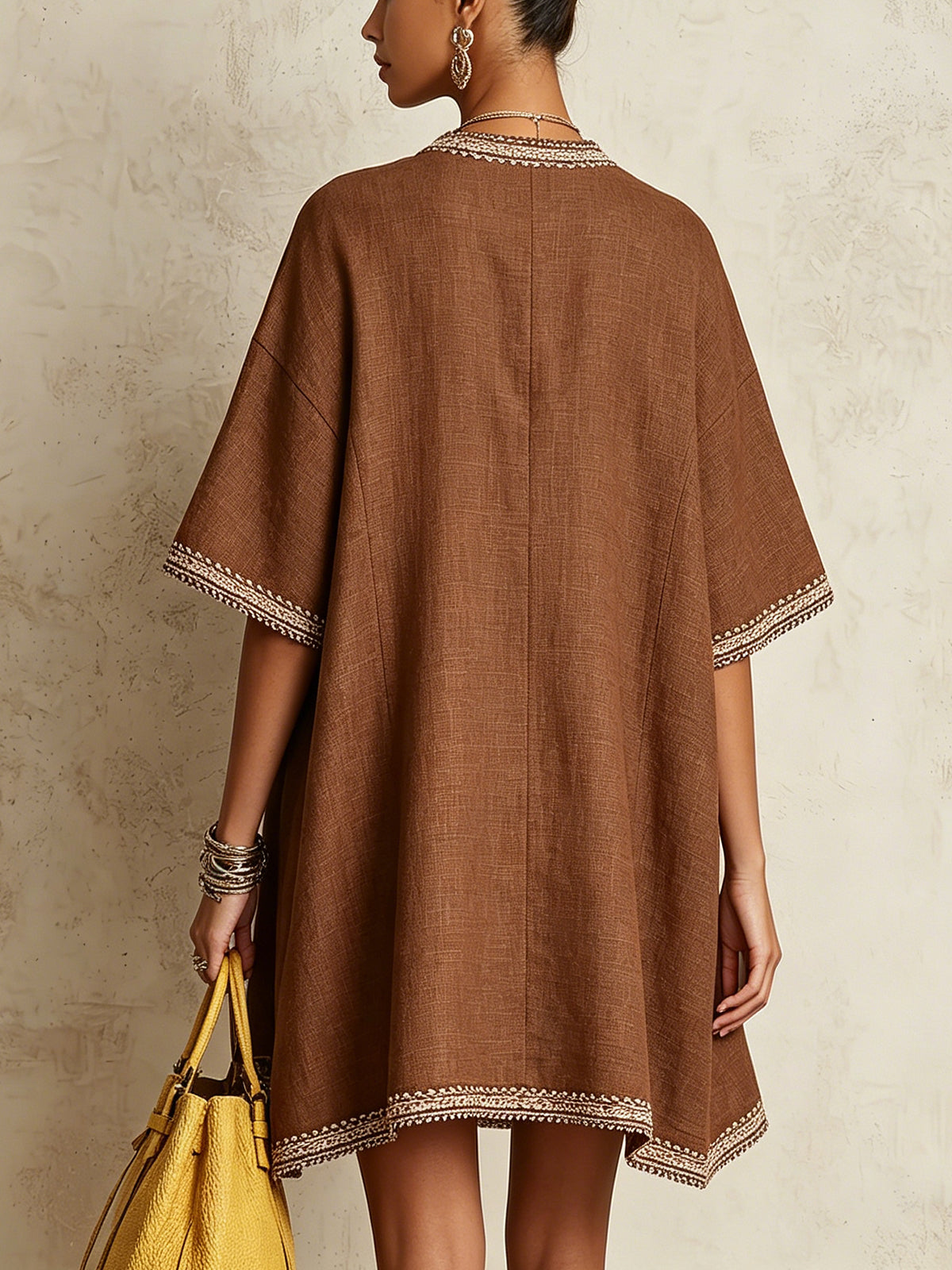 Brown Linen V-Neck Mini Dress