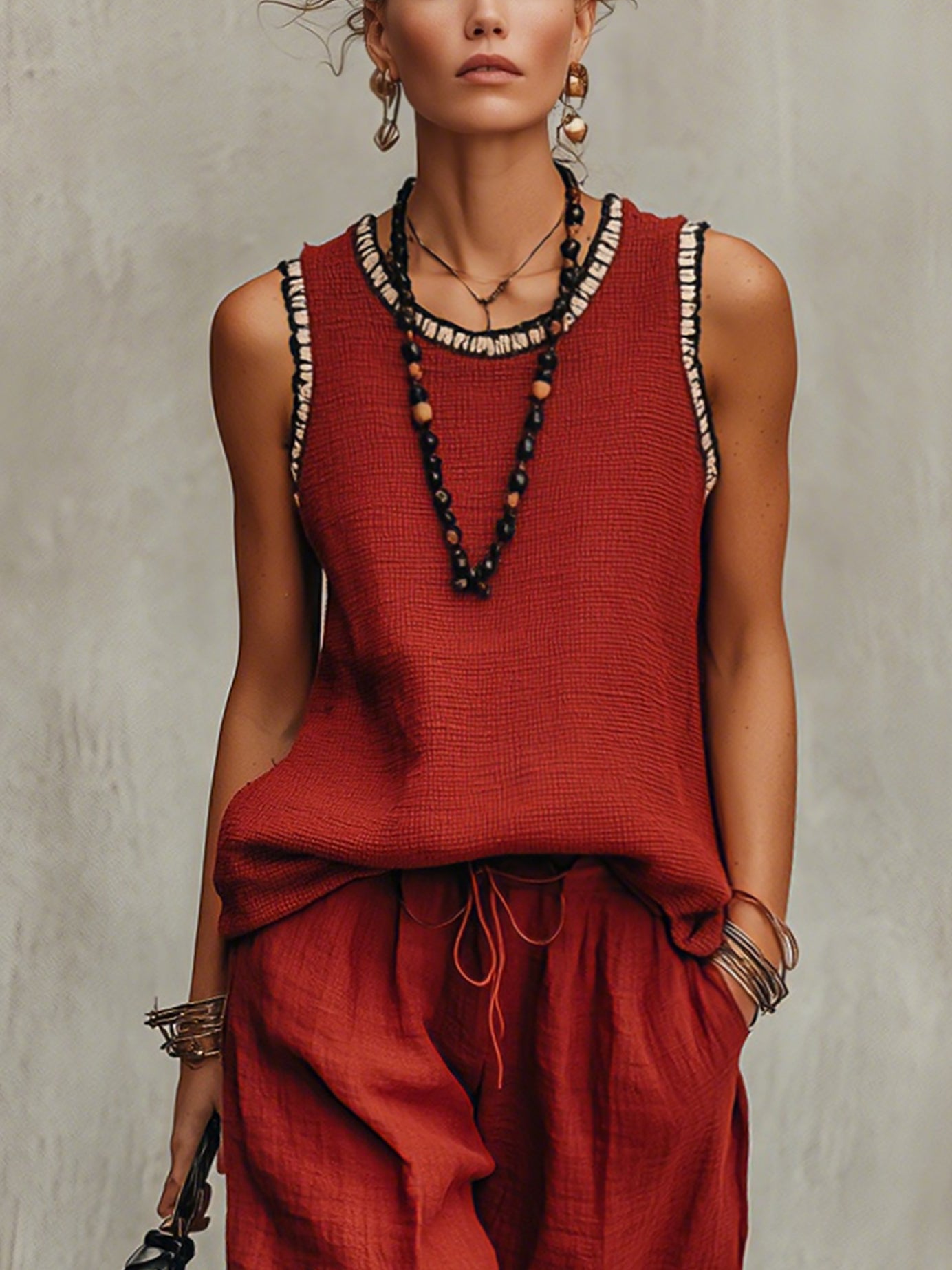 Rust Knit Sleeveless Top And Linen Bermuda Shorts Set