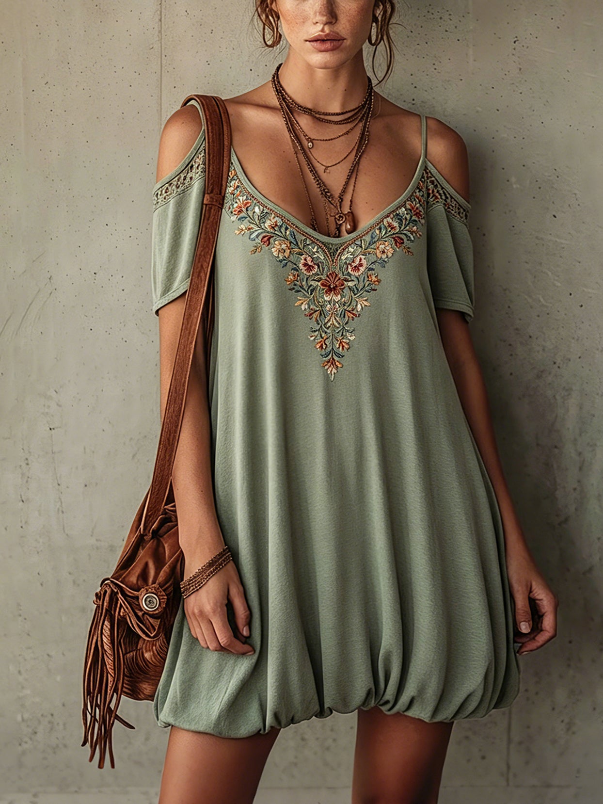 Green Embroidered Bubble Hem Mini Dress