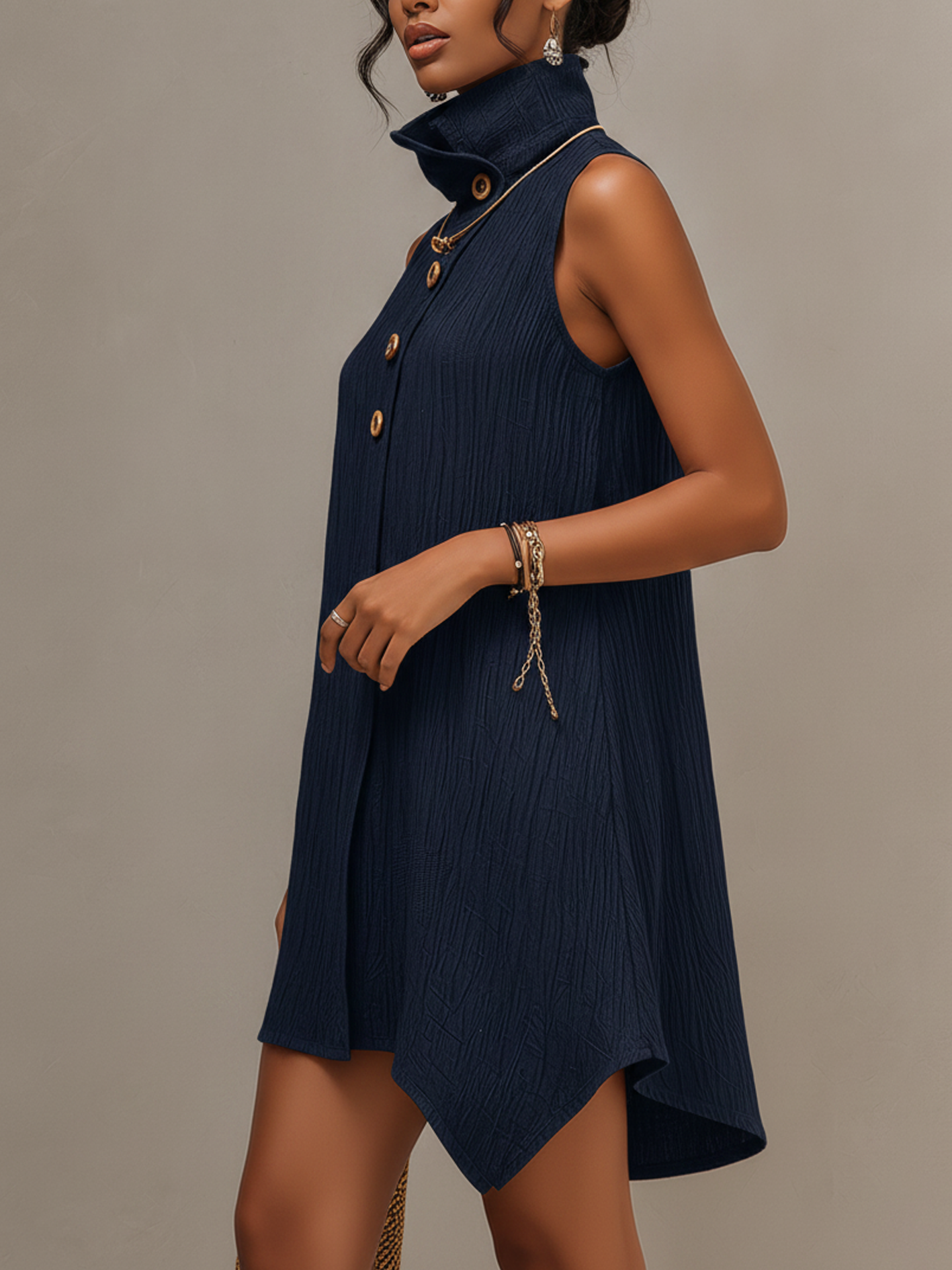Textured Navy Blue Sleeveless Mini Dress With Asymmetric Hem