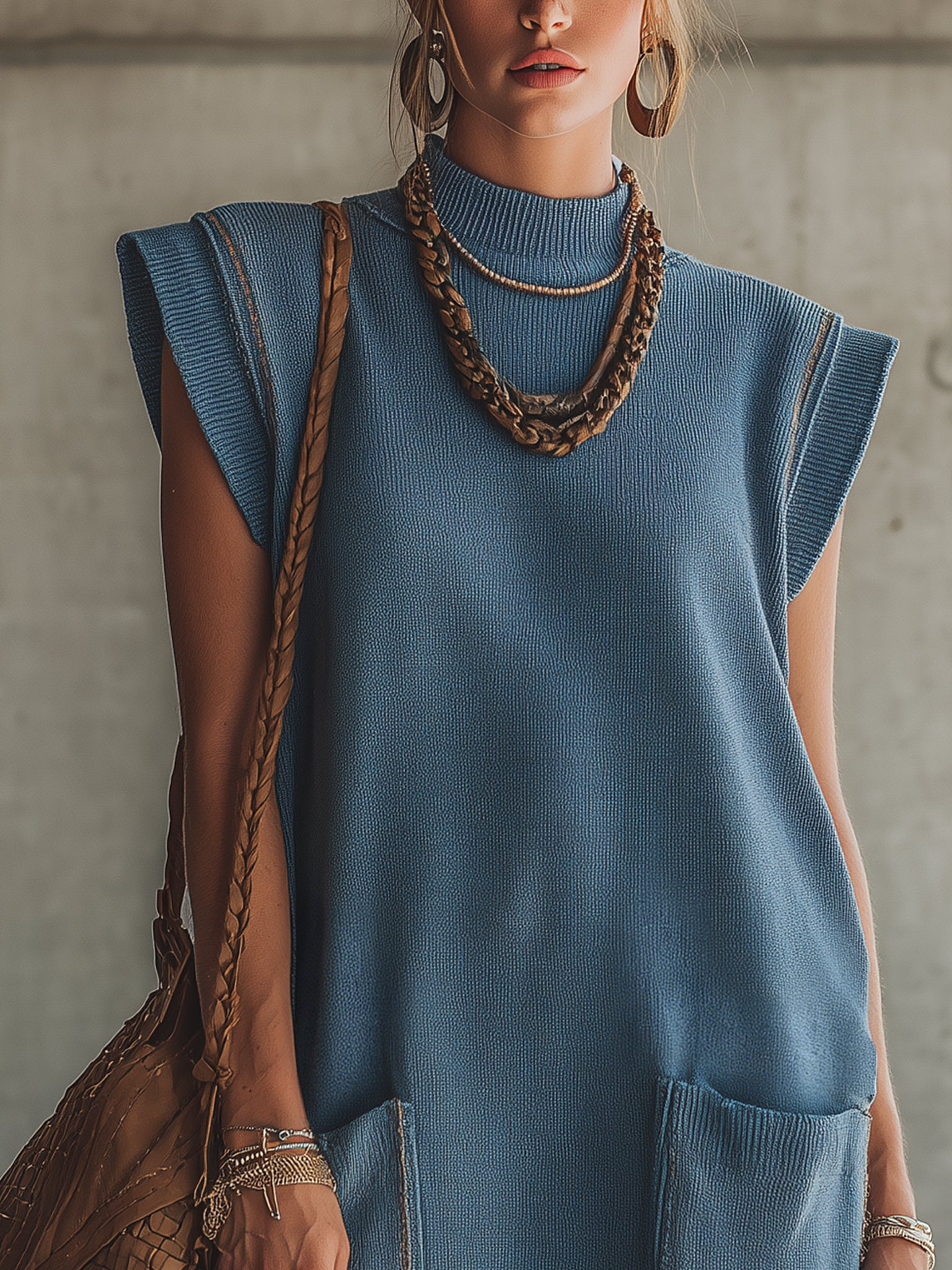 Blue Sleeveless Washed Knit Mini Dress
