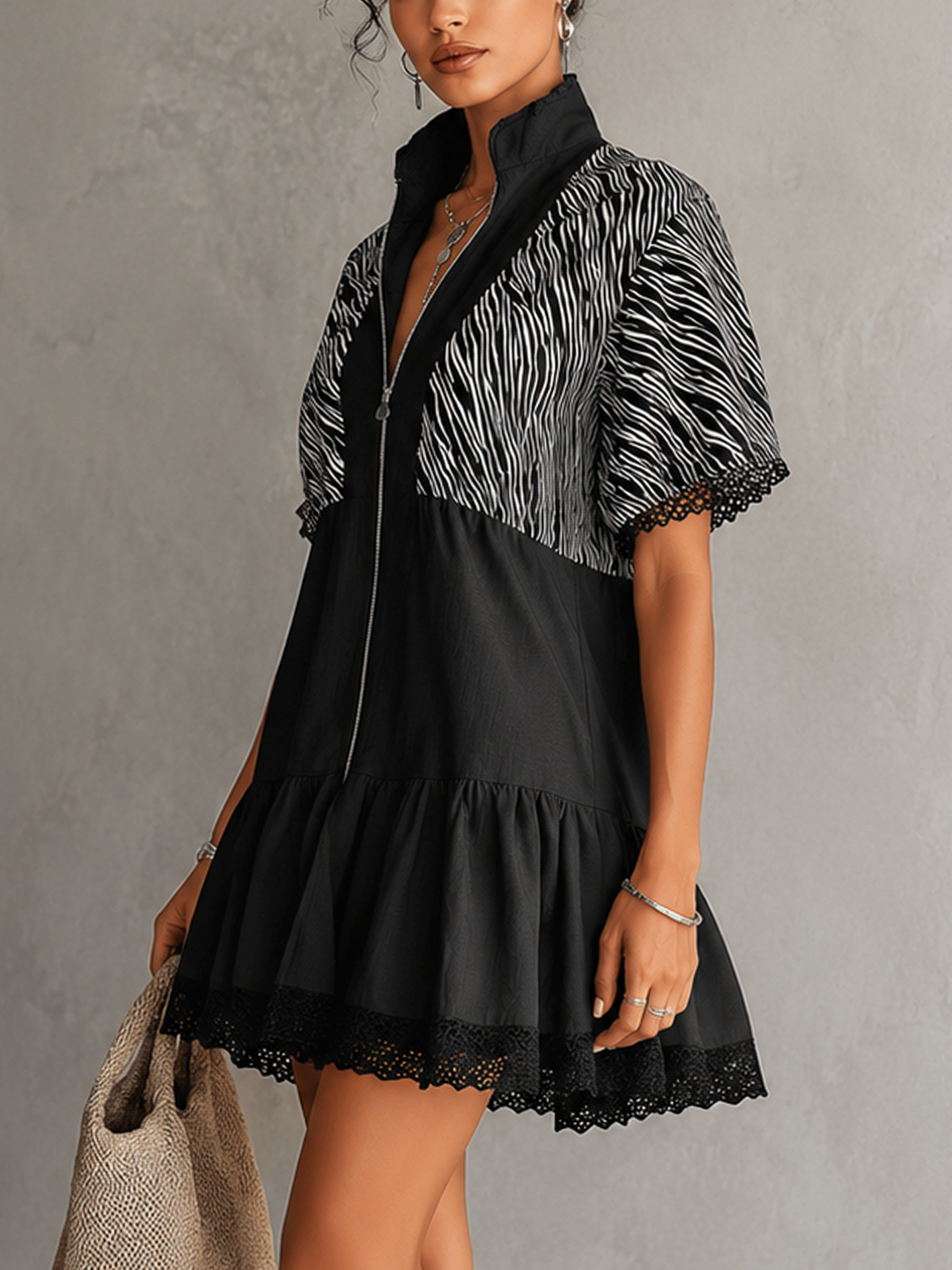 Zebra Print Lace Trim Zip Front Black Mini Dress
