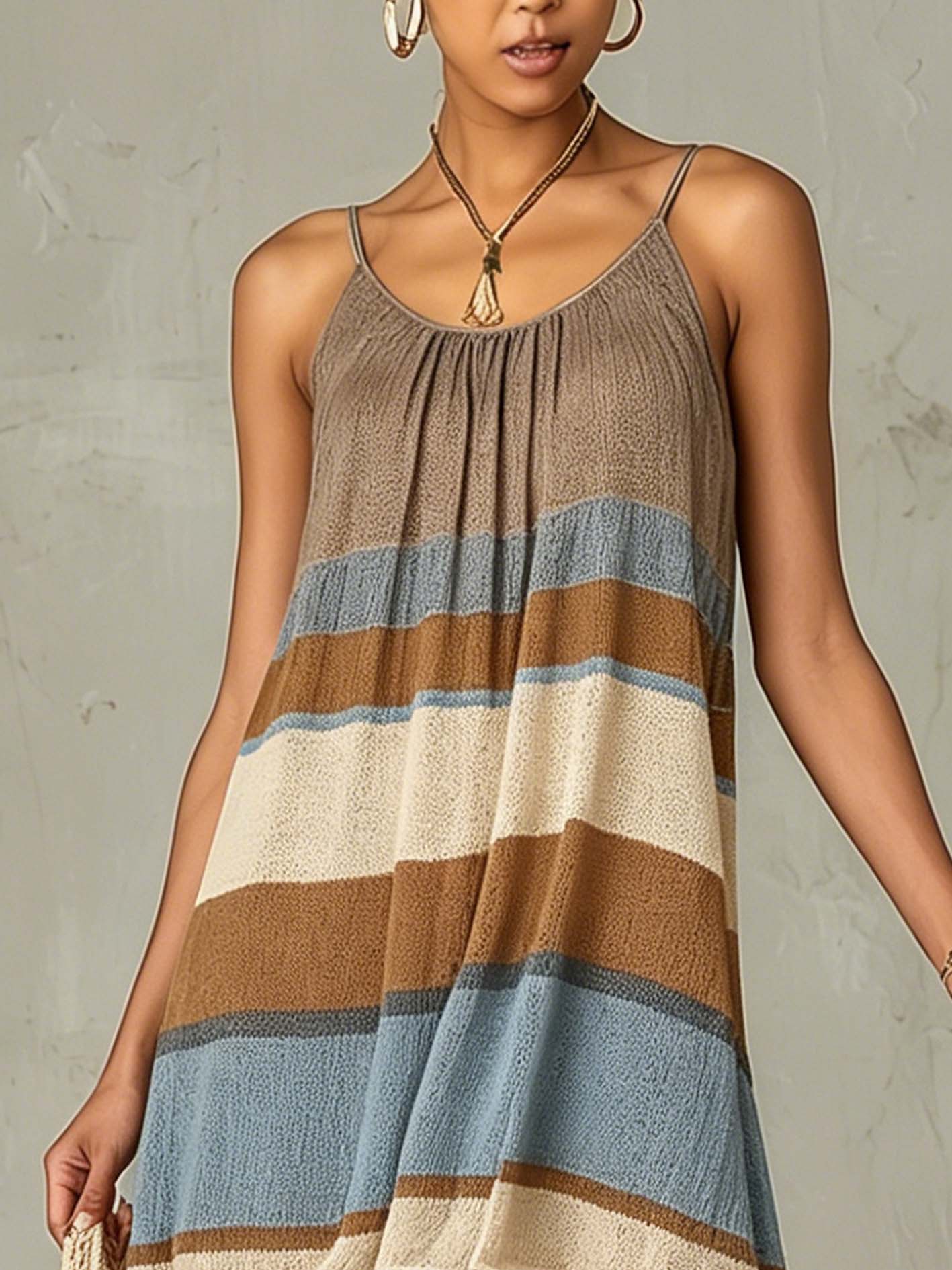 Warm Earth Tones Striped Knit Spaghetti Strap Mini Dress
