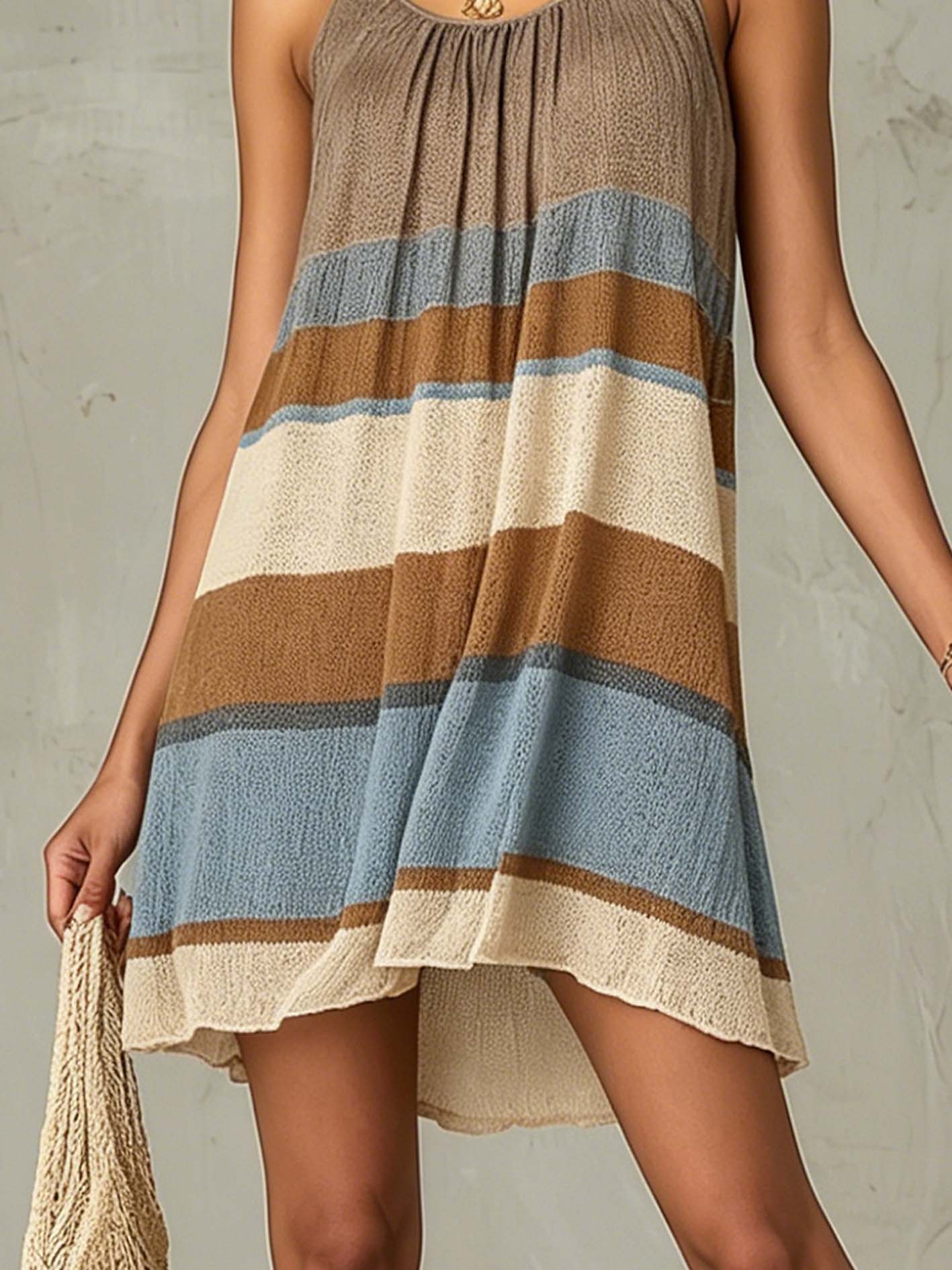 Warm Earth Tones Striped Knit Spaghetti Strap Mini Dress