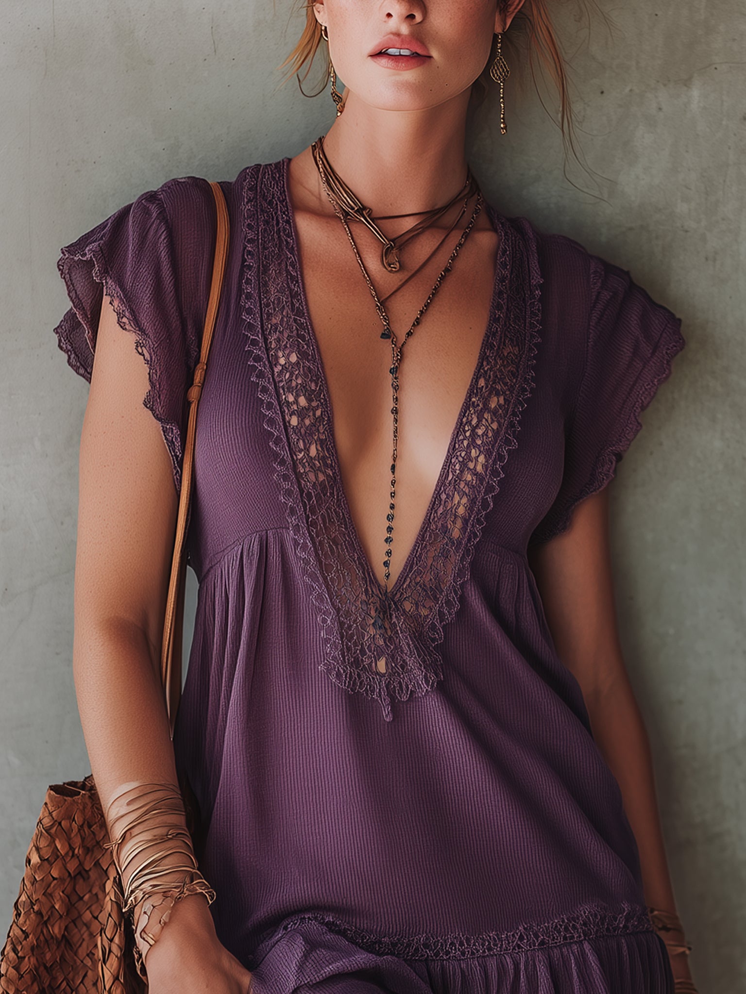 Purple Lace Trim Knit Mini Dress