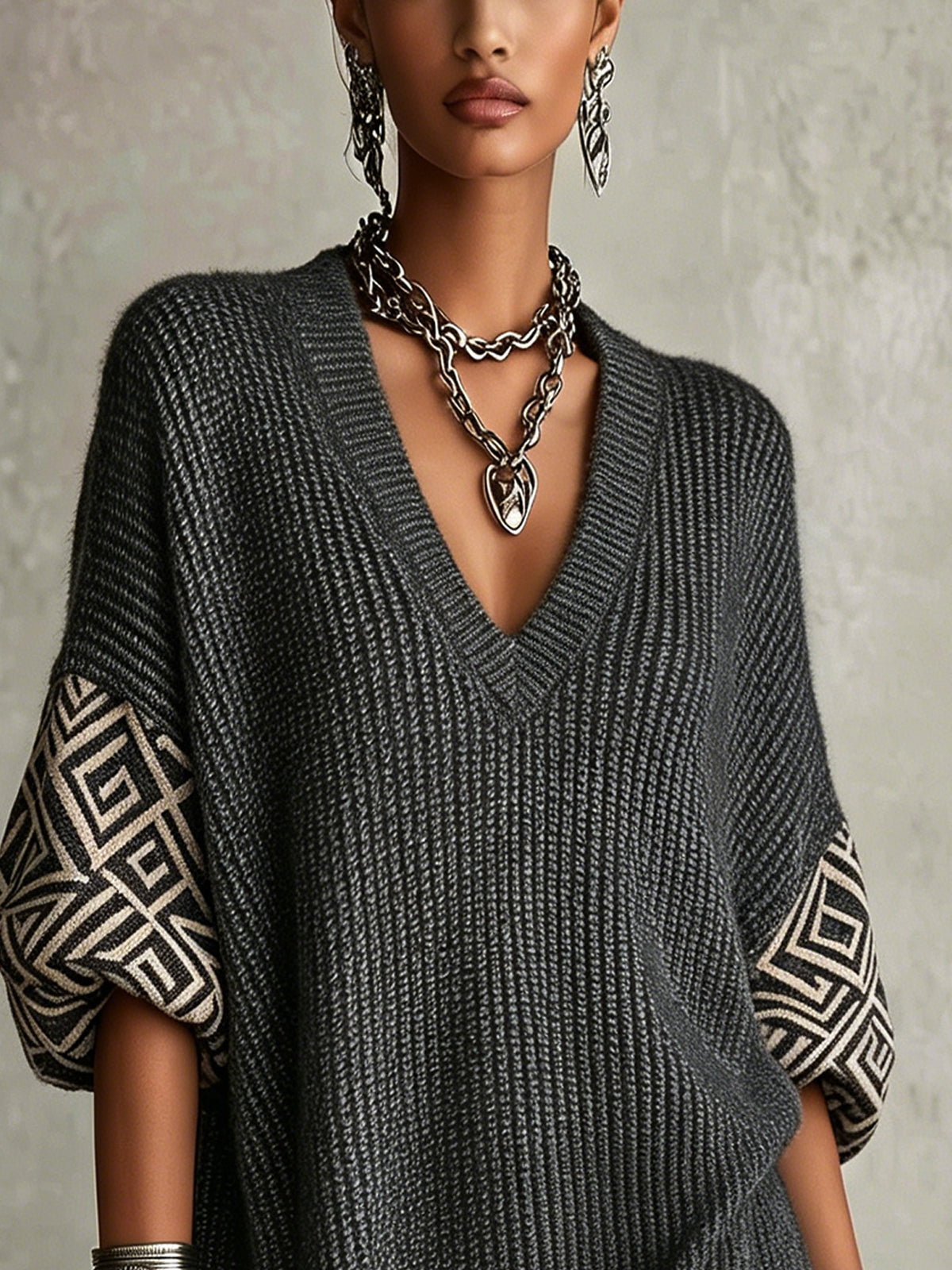 Gray V-Neck Geometric Sleeve Oversized Knit Mini Dress