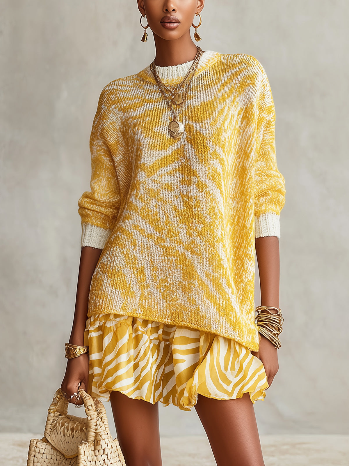 Yellow And White Abstract Knit Oversized Sweater Dress