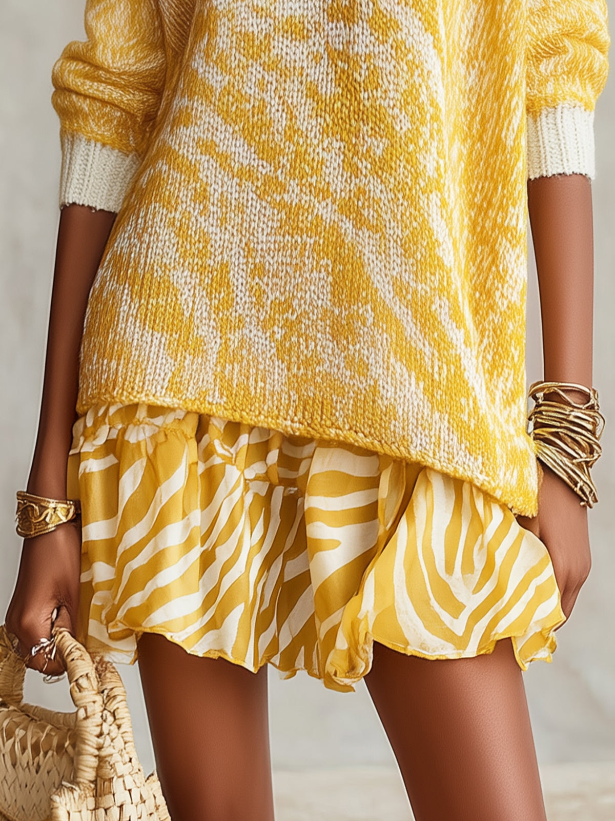 Yellow And White Abstract Knit Oversized Sweater Dress