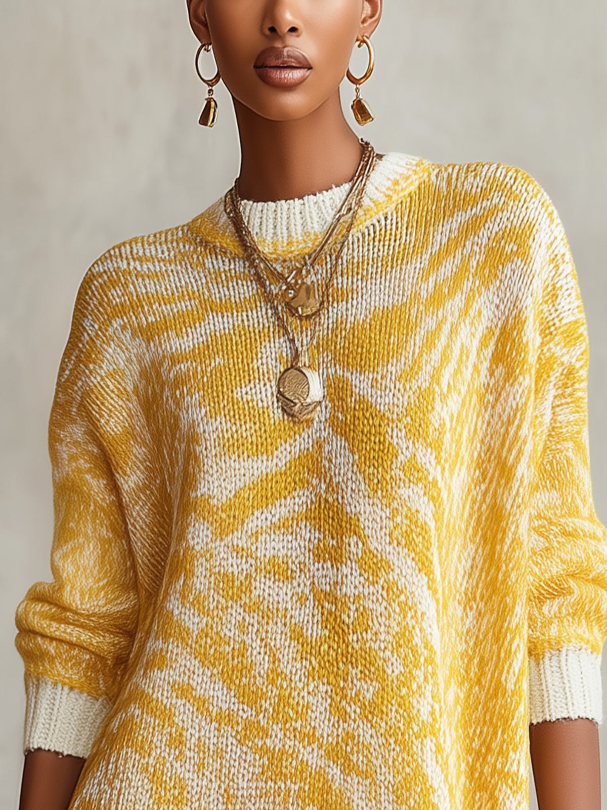 Yellow And White Abstract Knit Oversized Sweater Dress