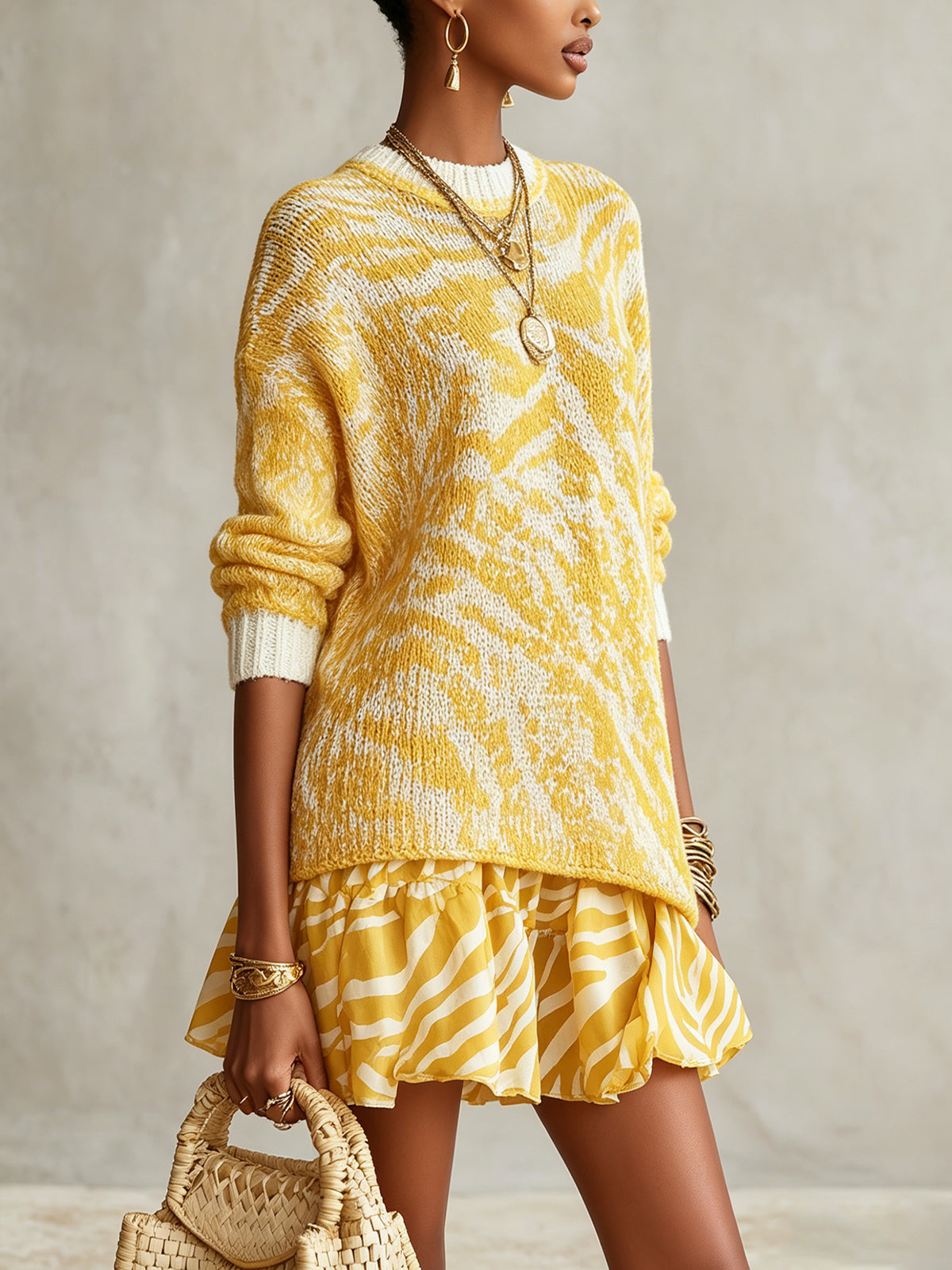 Yellow And White Abstract Knit Oversized Sweater Dress