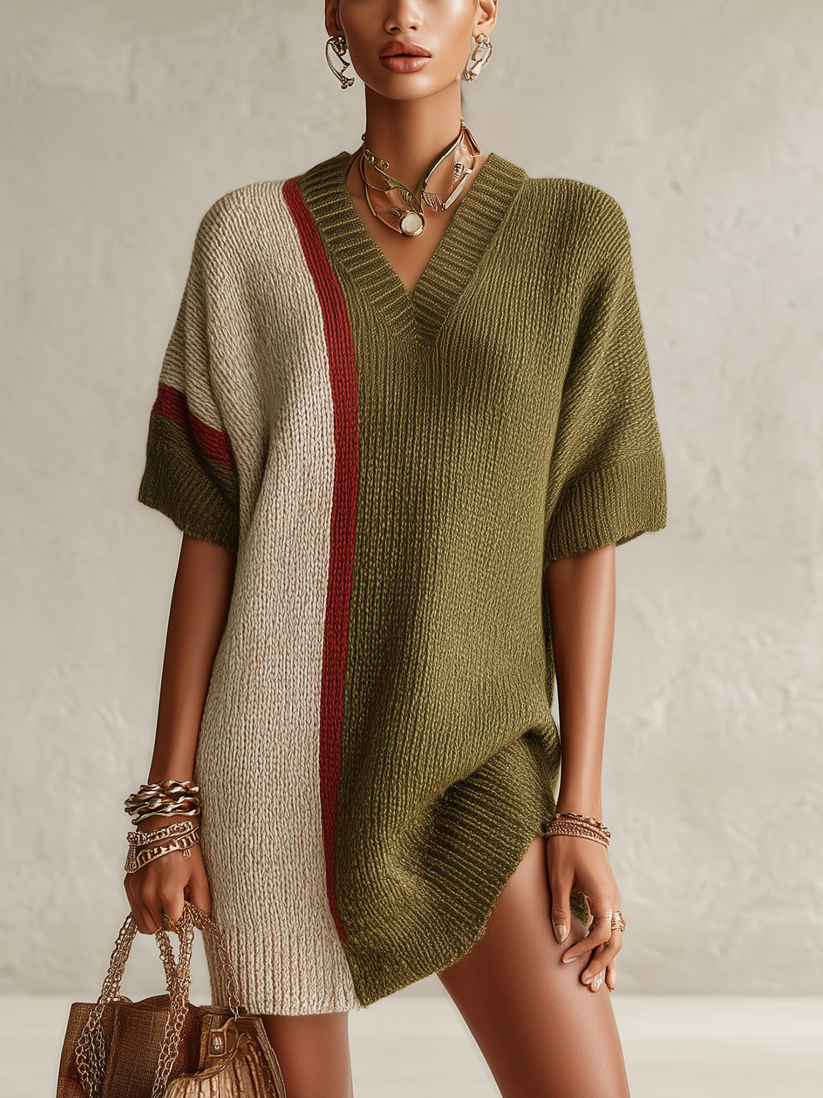 Olive And Beige Colorblock V-Neck Knit Mini Dress