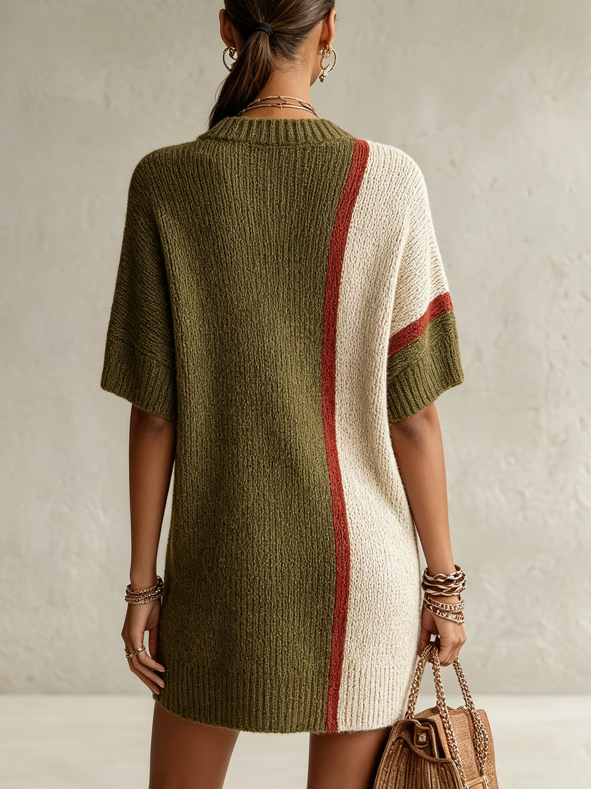 Olive And Beige Colorblock V-Neck Knit Mini Dress