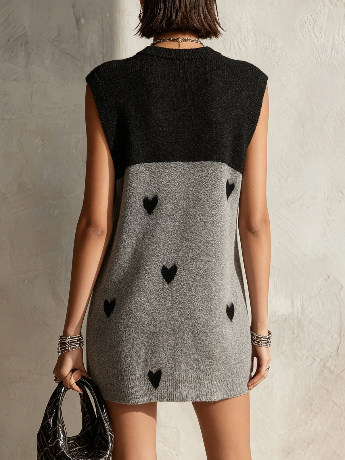 Black And Gray Heart Pattern Sleeveless Knit Mini Dress
