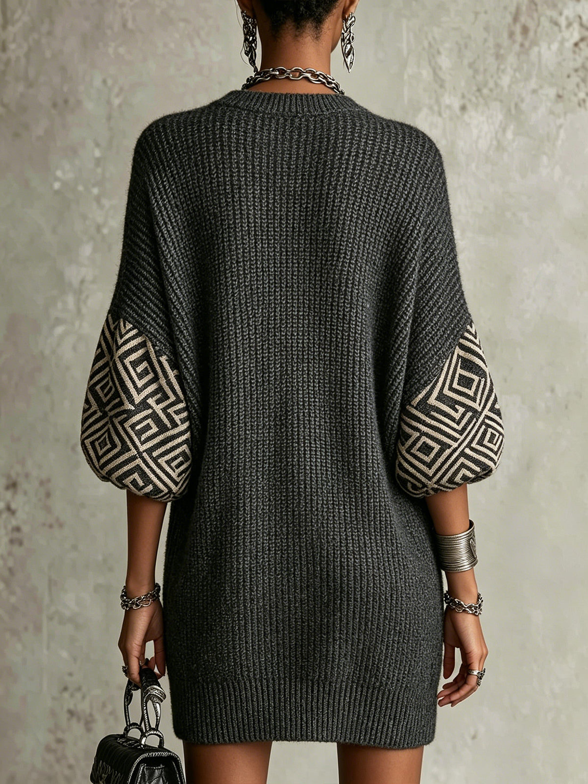 Gray V-Neck Geometric Sleeve Oversized Knit Mini Dress