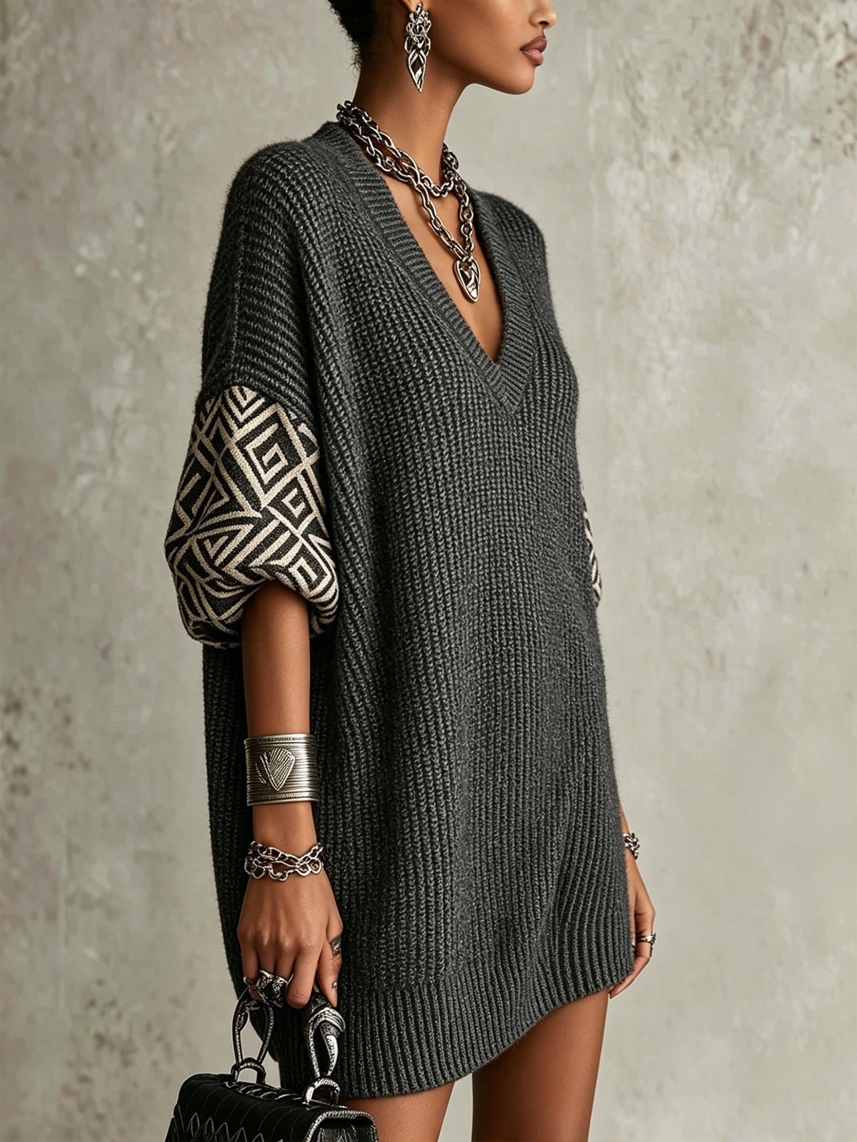 Gray V-Neck Geometric Sleeve Oversized Knit Mini Dress