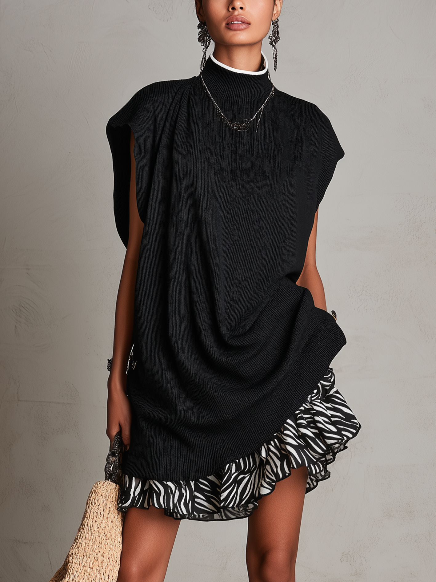 Black Knit Zebra Print Ruffle Hem Mini Dress
