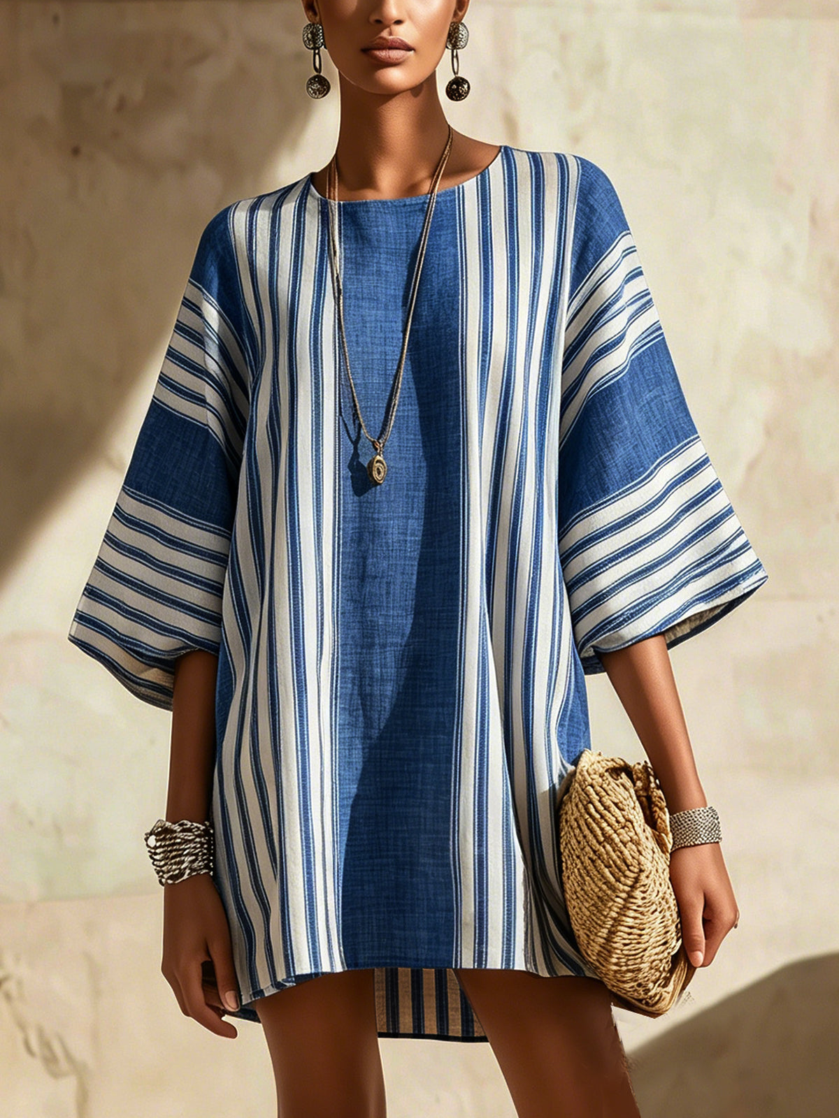 Blue And White Striped Linen Oversized Tunic Mini Dress