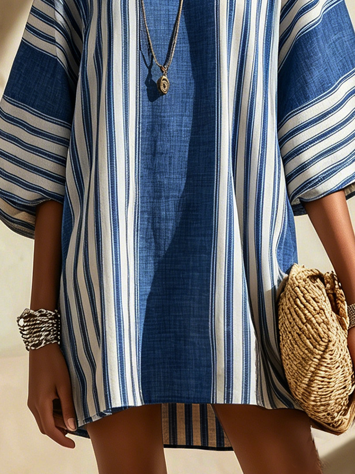 Blue And White Striped Linen Oversized Tunic Mini Dress