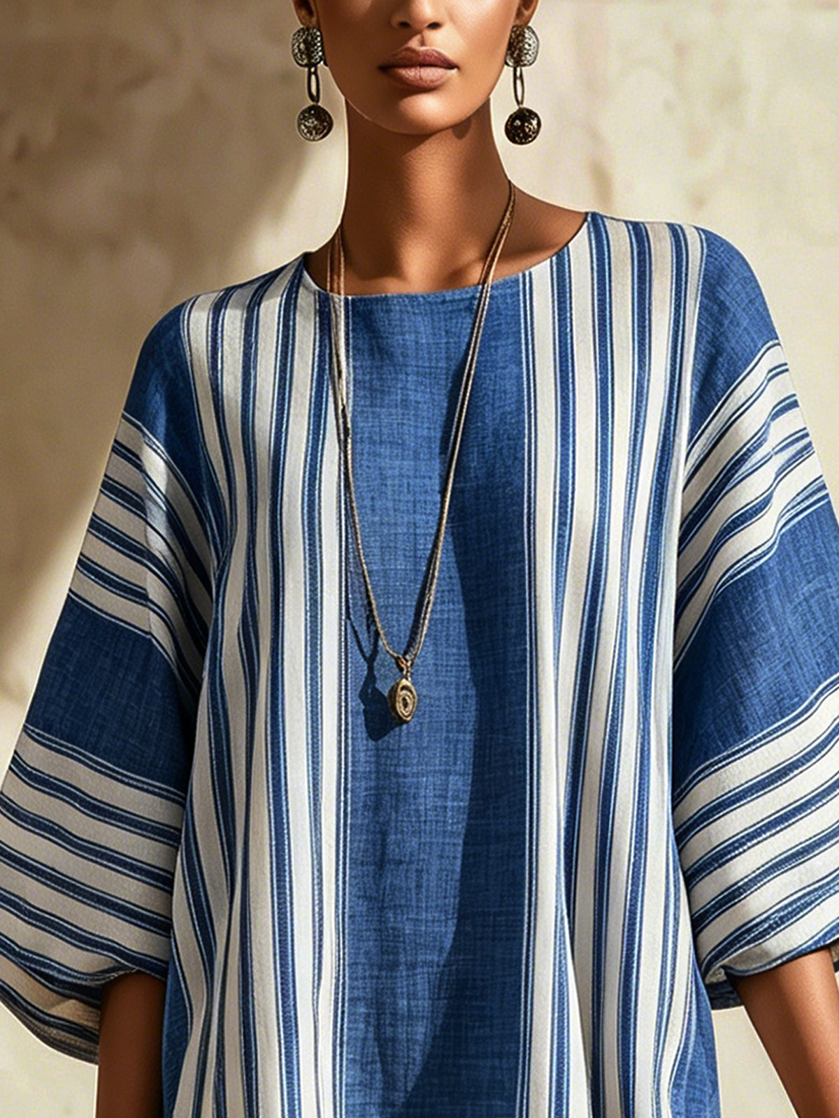 Blue And White Striped Linen Oversized Tunic Mini Dress