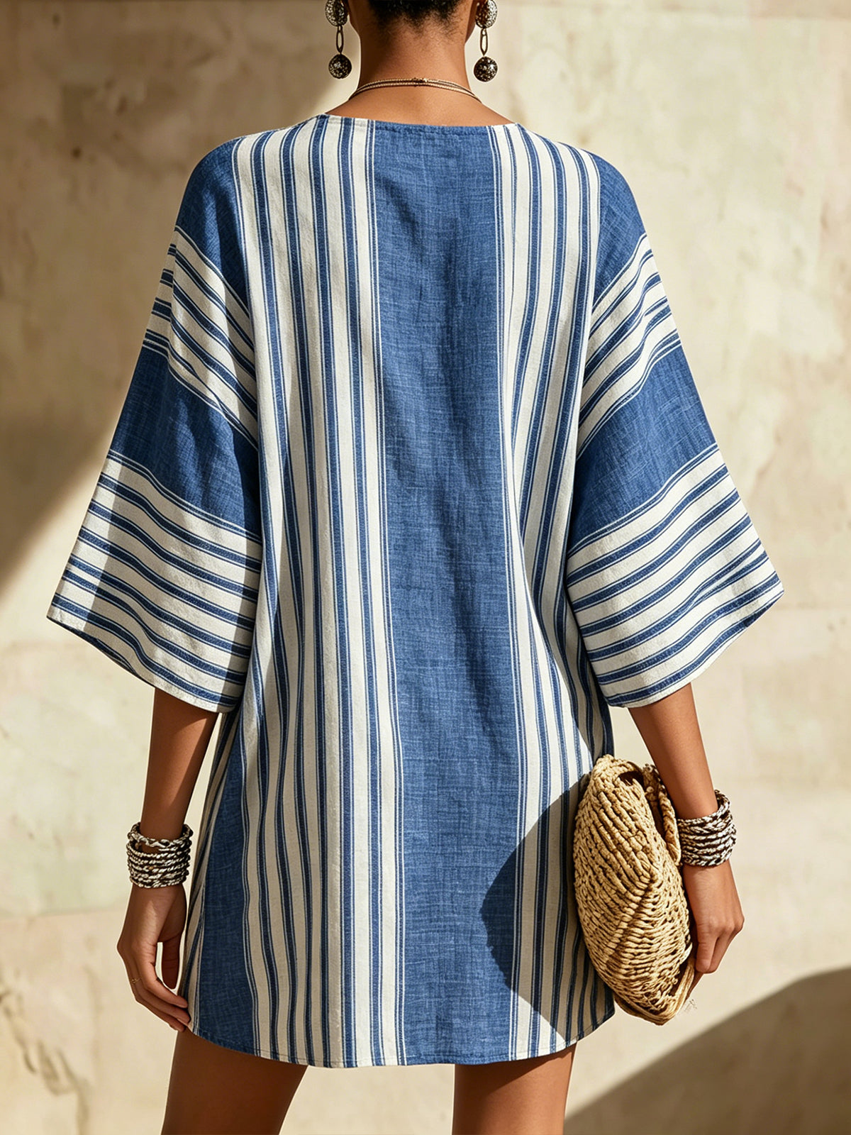 Blue And White Striped Linen Oversized Tunic Mini Dress