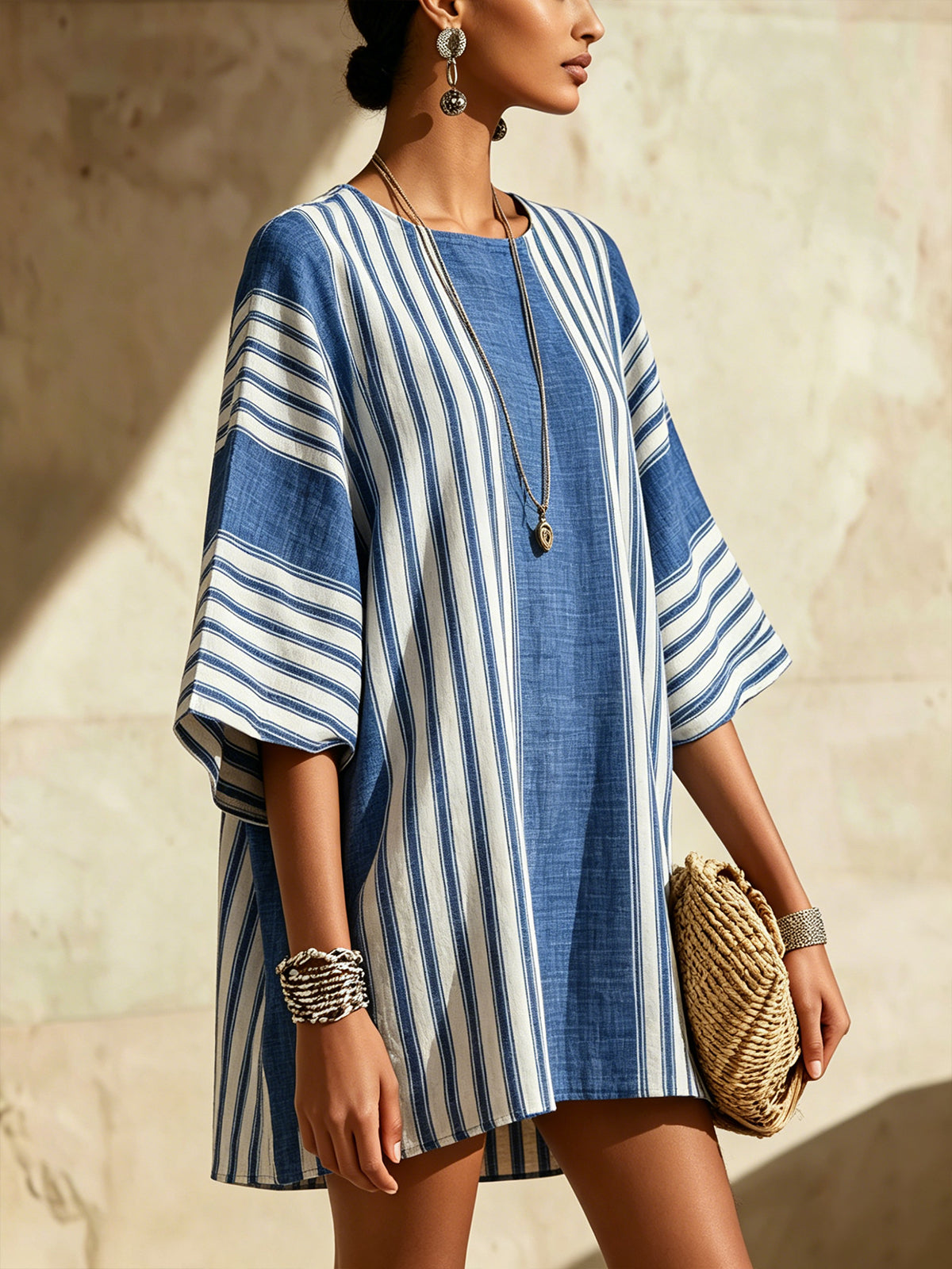 Blue And White Striped Linen Oversized Tunic Mini Dress