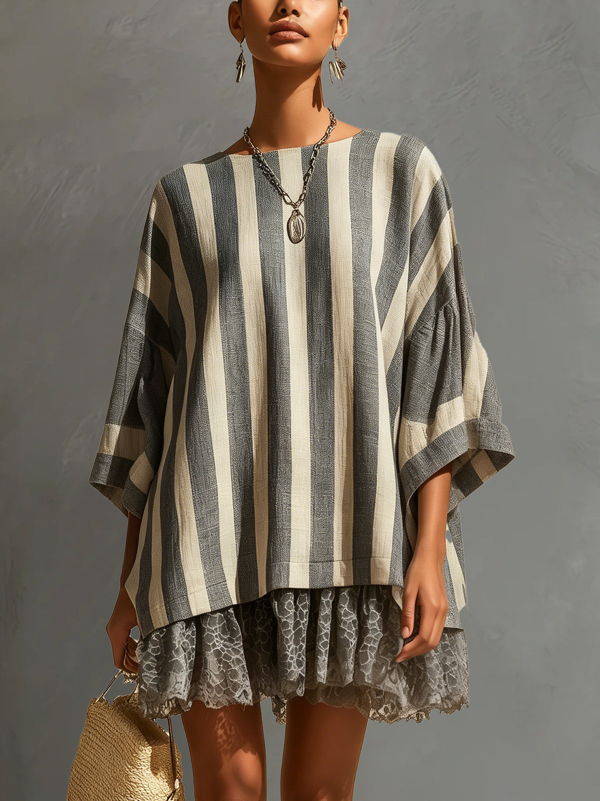 Gray And Beige Striped Linen Oversized Mini Dress