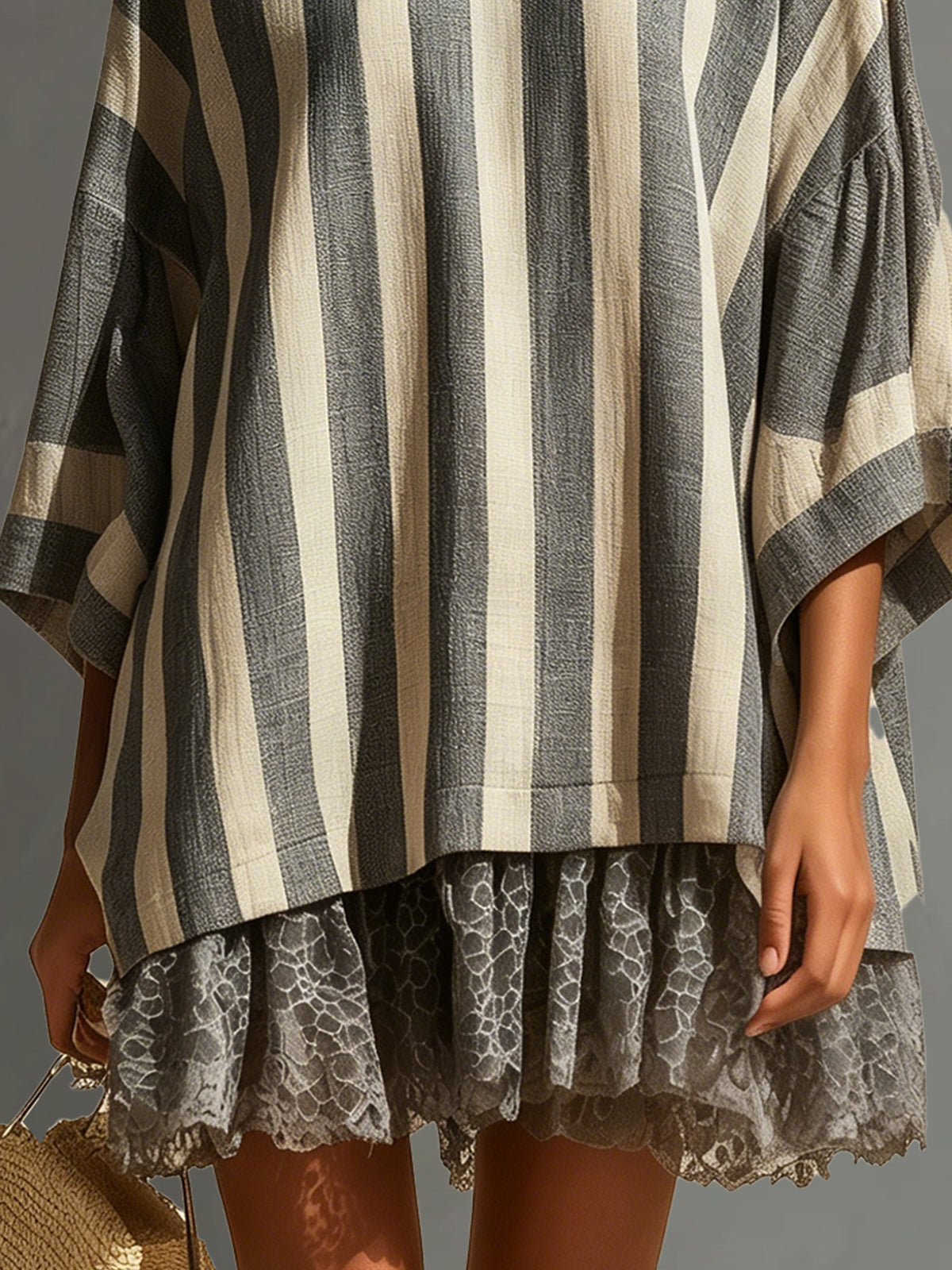 Gray And Beige Striped Linen Oversized Mini Dress