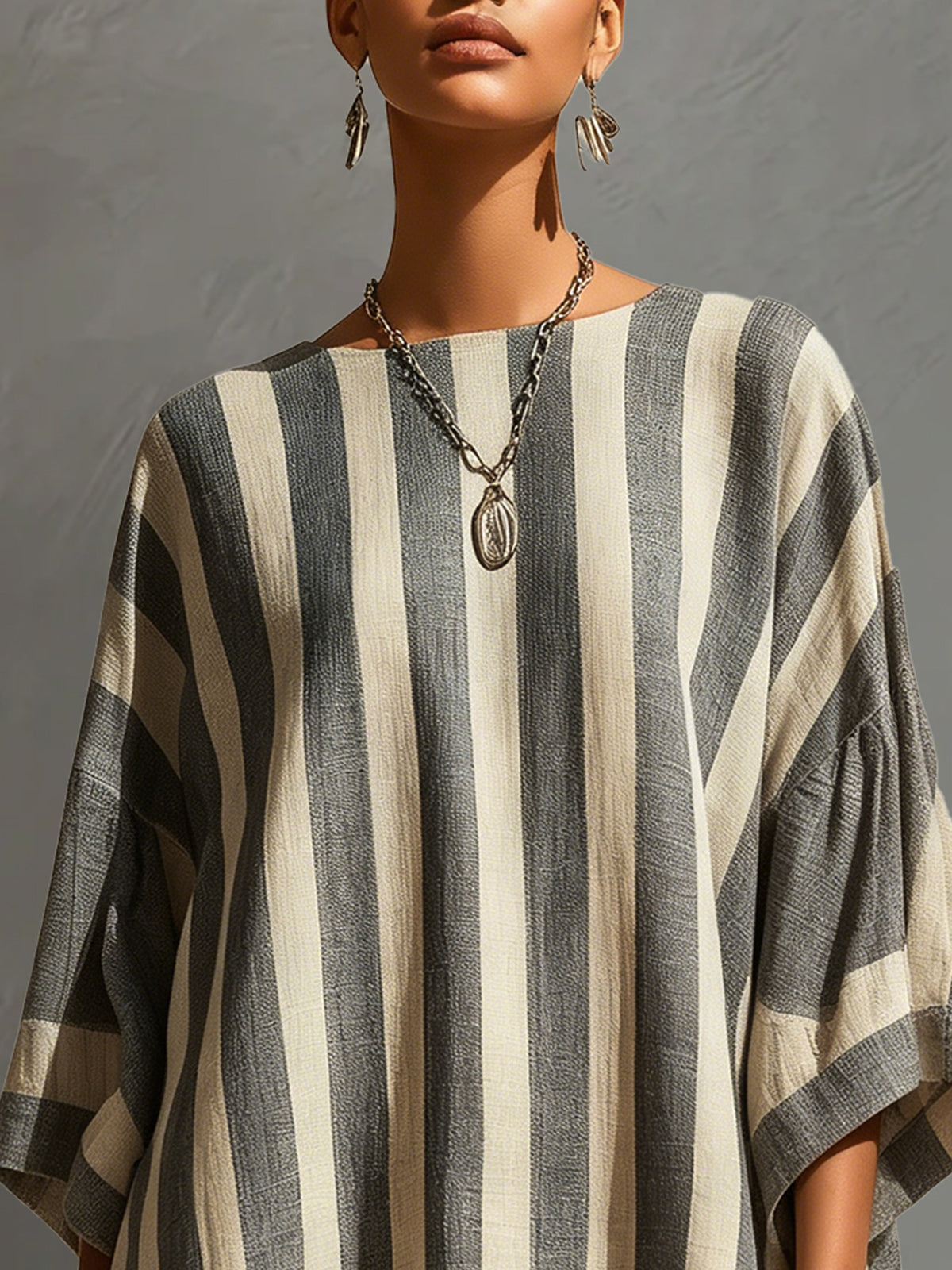 Gray And Beige Striped Linen Oversized Mini Dress