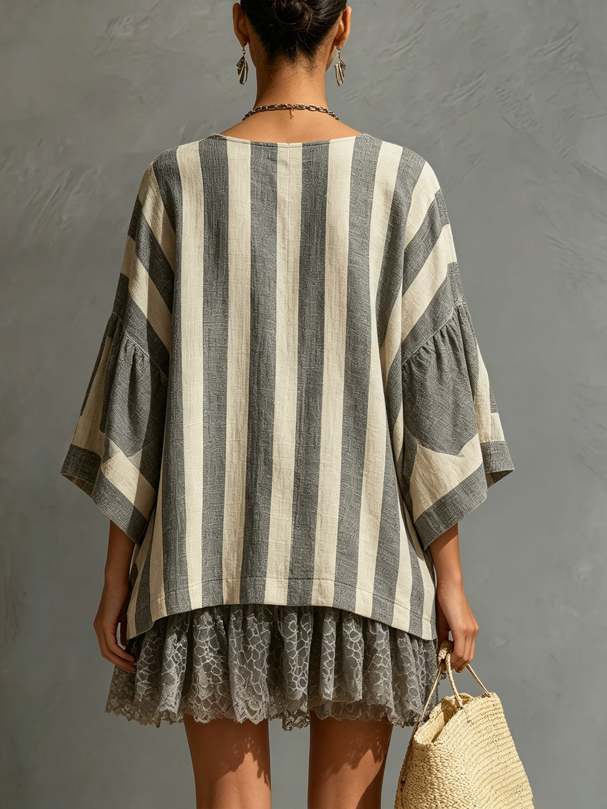 Gray And Beige Striped Linen Oversized Mini Dress
