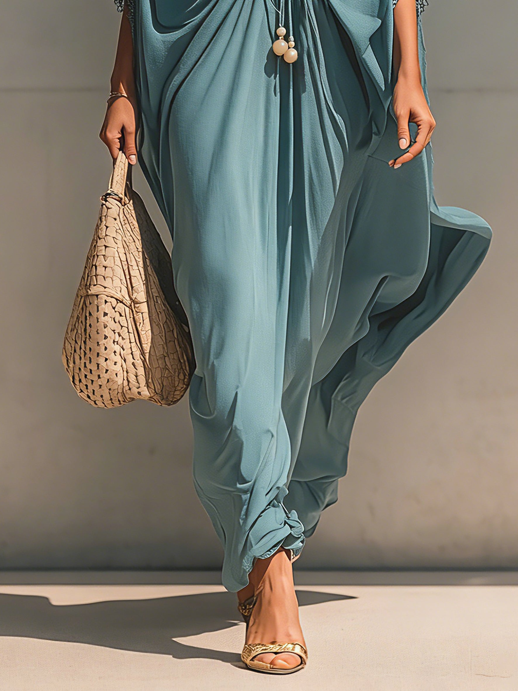 Blue Relaxed Fit Drawstring Maxi Dress