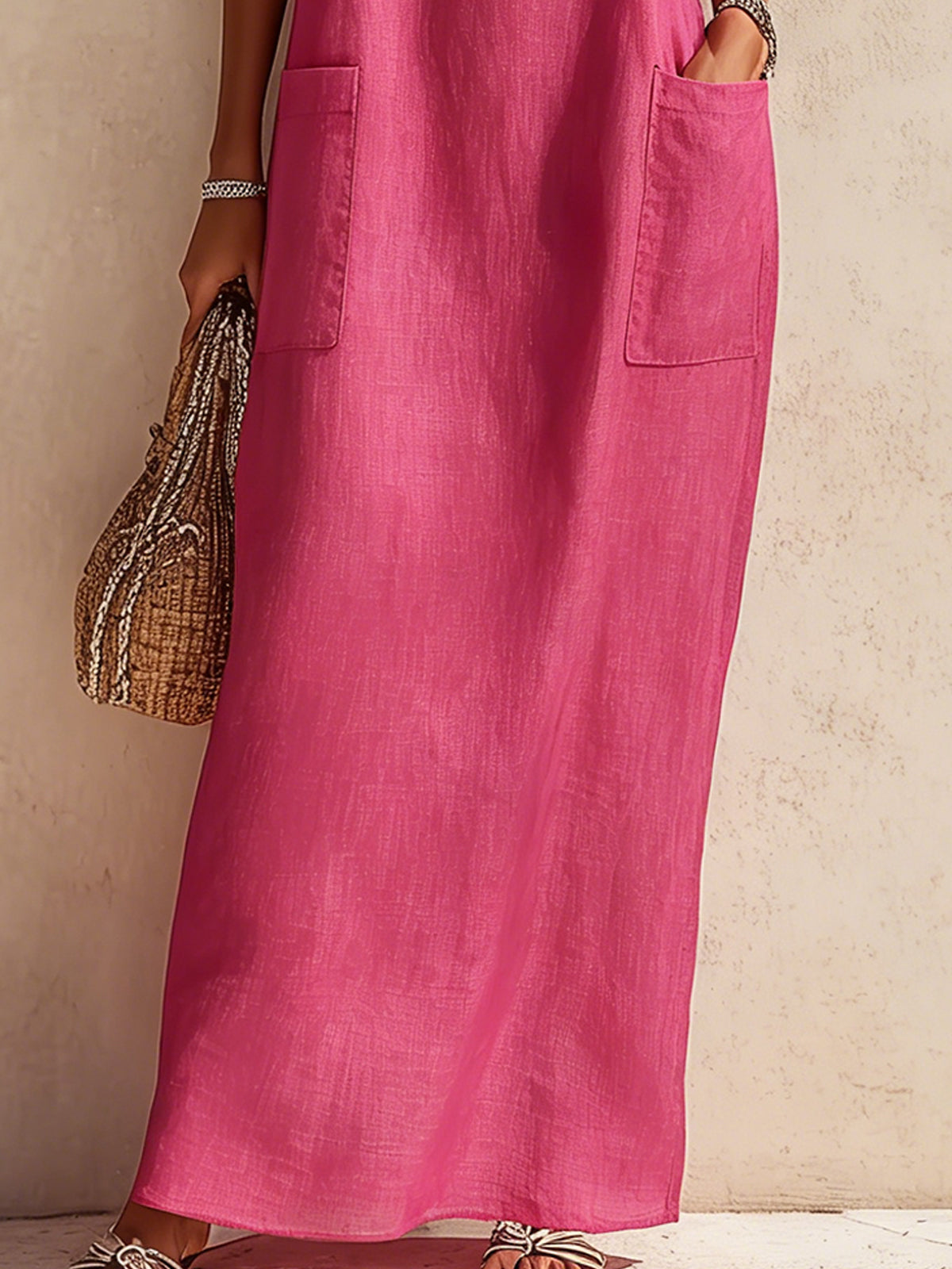 Pink Embroidered Linen Spaghetti Strap Maxi Dress