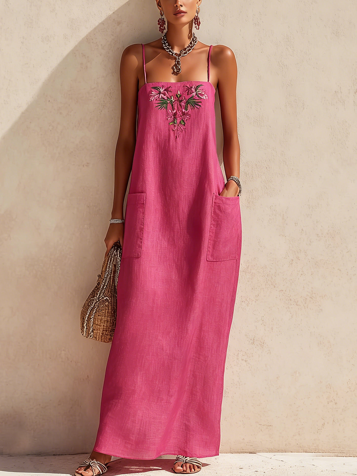 Pink Embroidered Linen Spaghetti Strap Maxi Dress
