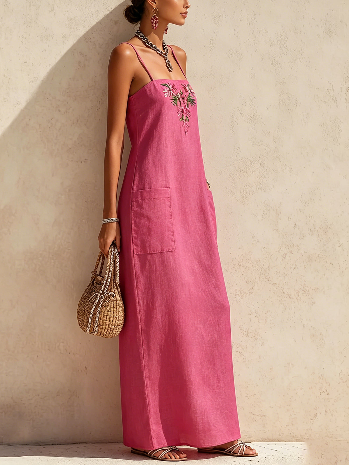 Pink Embroidered Linen Spaghetti Strap Maxi Dress