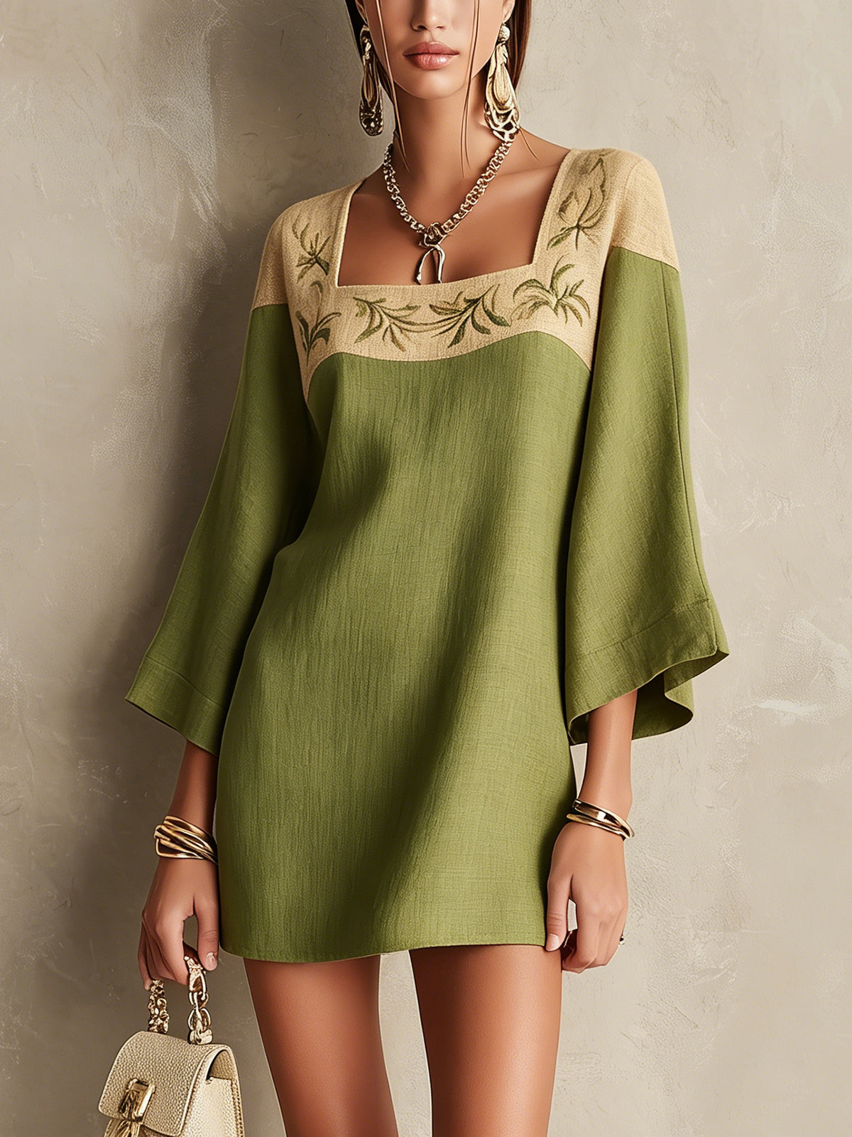 Olive Green And Beige Embroidered Linen Square-Neck Mini Dress