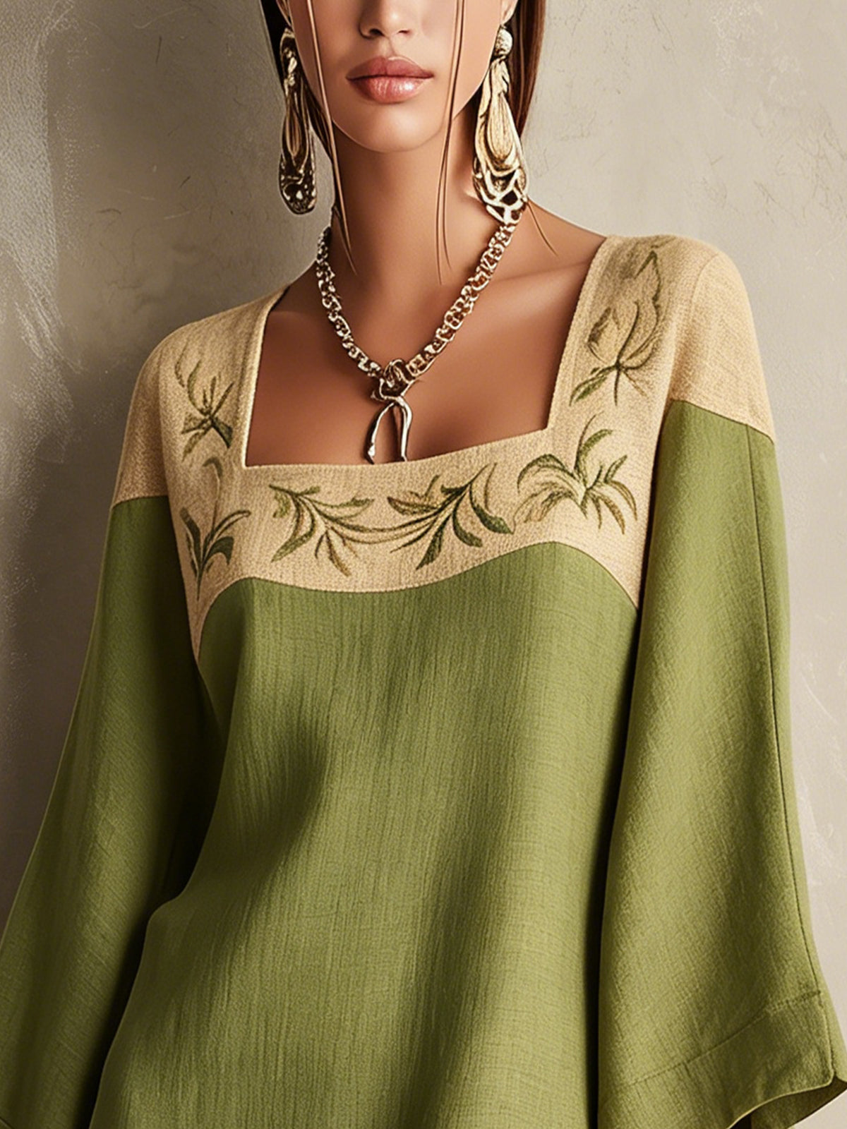 Olive Green And Beige Embroidered Linen Square-Neck Mini Dress