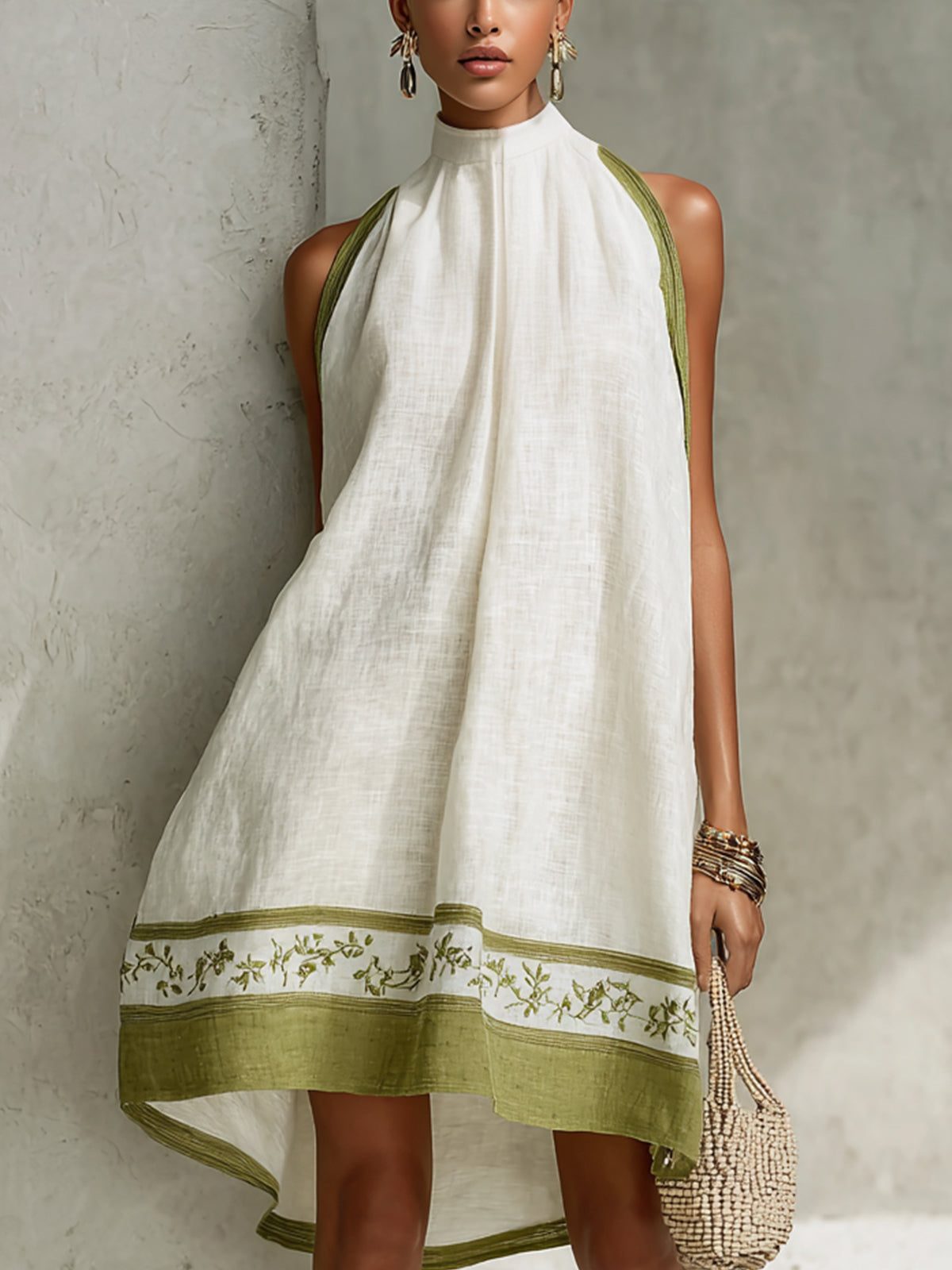 White And Olive Green Embroidered High-Neck Linen A-Line Dress